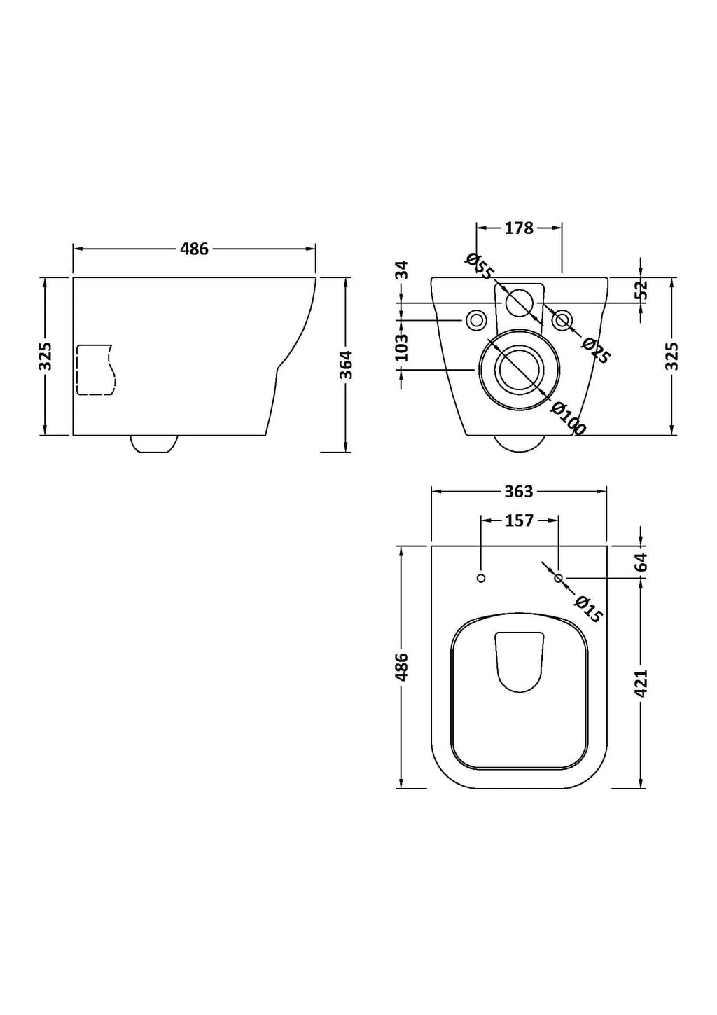 Elegant modern bathroom toilet with technical schematic, custom measurements, plumbing details, perfect for bathroom renovation or installation projects.