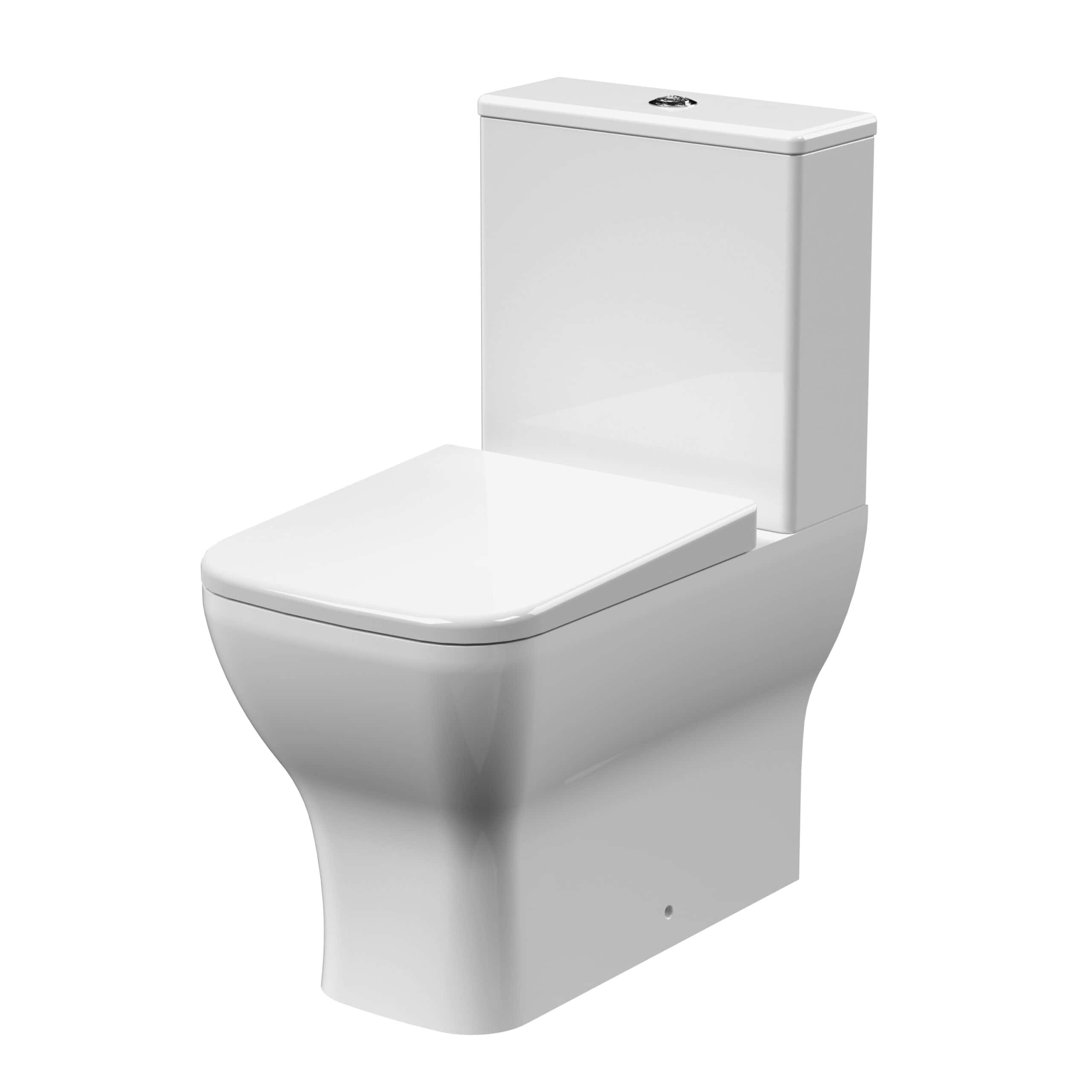 Modern white ceramic close-coupled toilet with sleek design for contemporary bathrooms, featuring a dual-flush system for water efficiency, ideal for residential and commercial use.