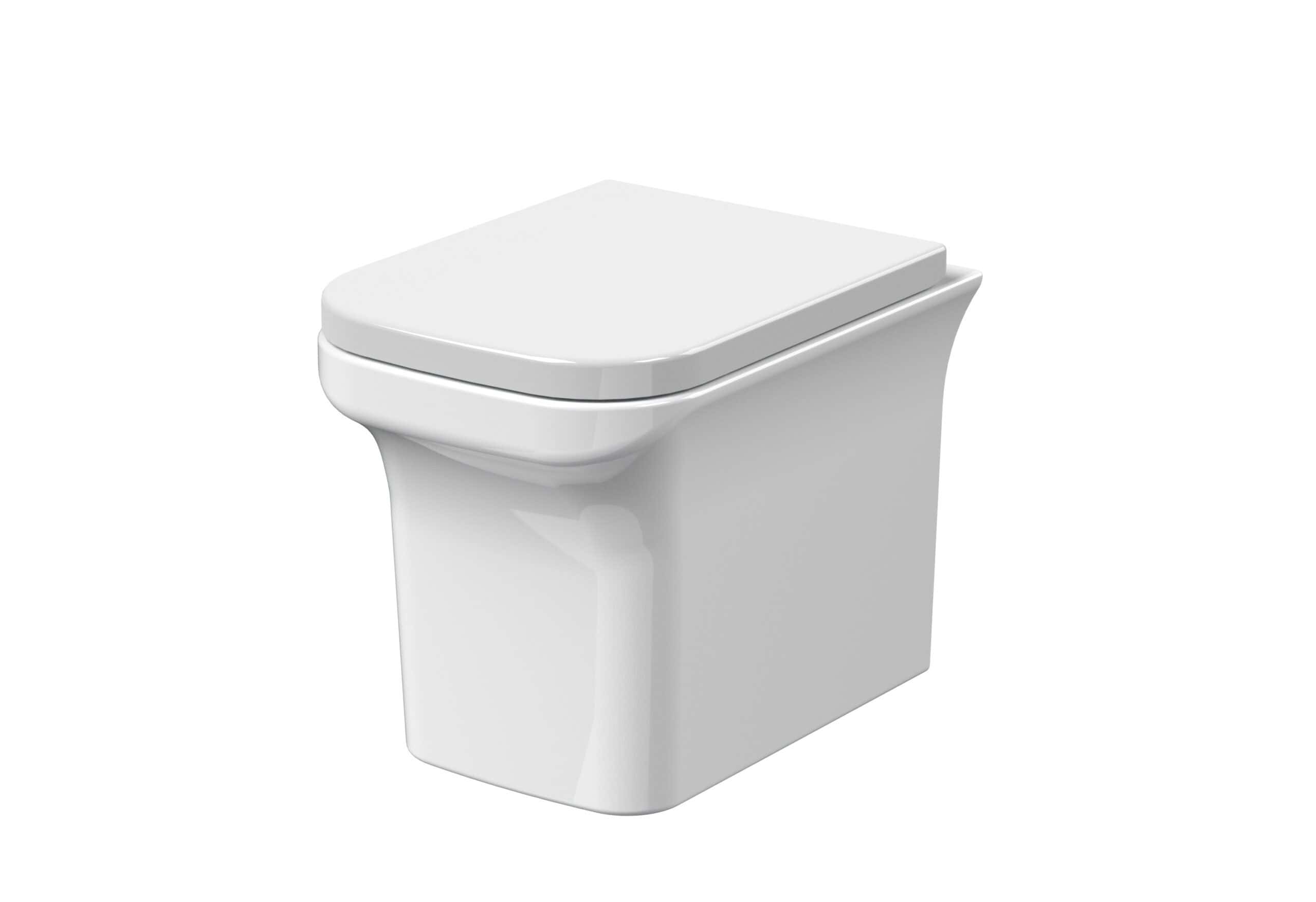 Sleek white modern bathroom toilet with closed lid, compact design, ideal for contemporary bathroom fixtures and perfect for space-saving bathroom renovations.