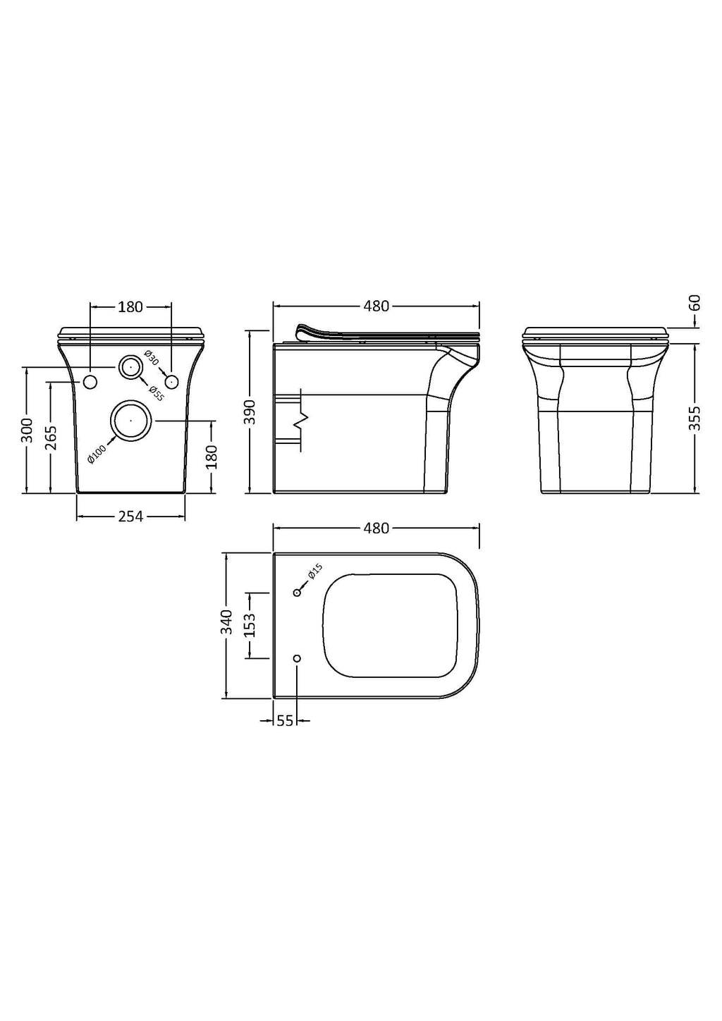 High-quality technical drawing of Bubly Bathrooms toilet with detailed dimensions and specifications, ideal for bathroom renovation planning and installation.