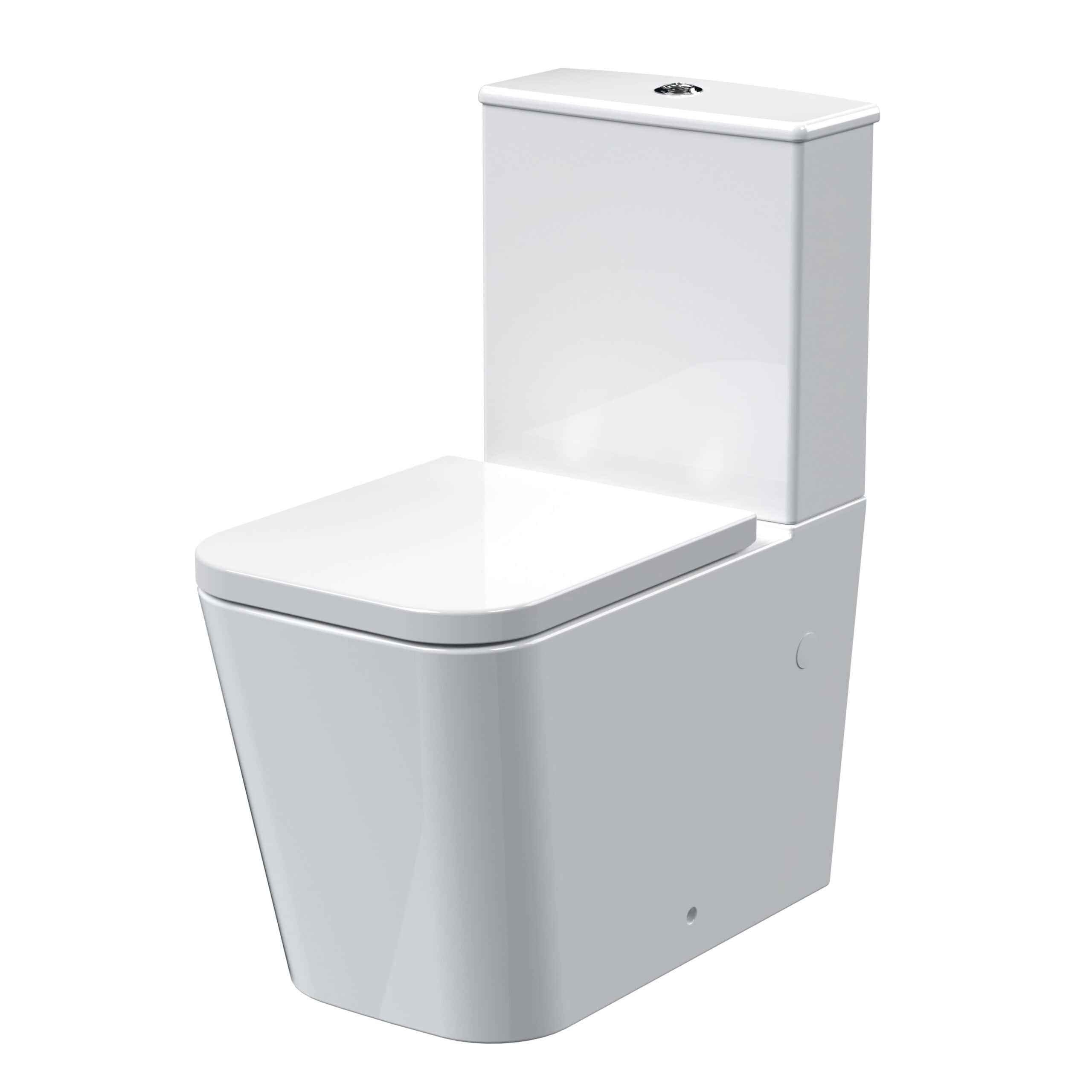 Sleek white modern toilet featuring a dual-flush system, designed for contemporary bathrooms with a minimalist aesthetic, perfect for enhancing bathroom functionality and style.