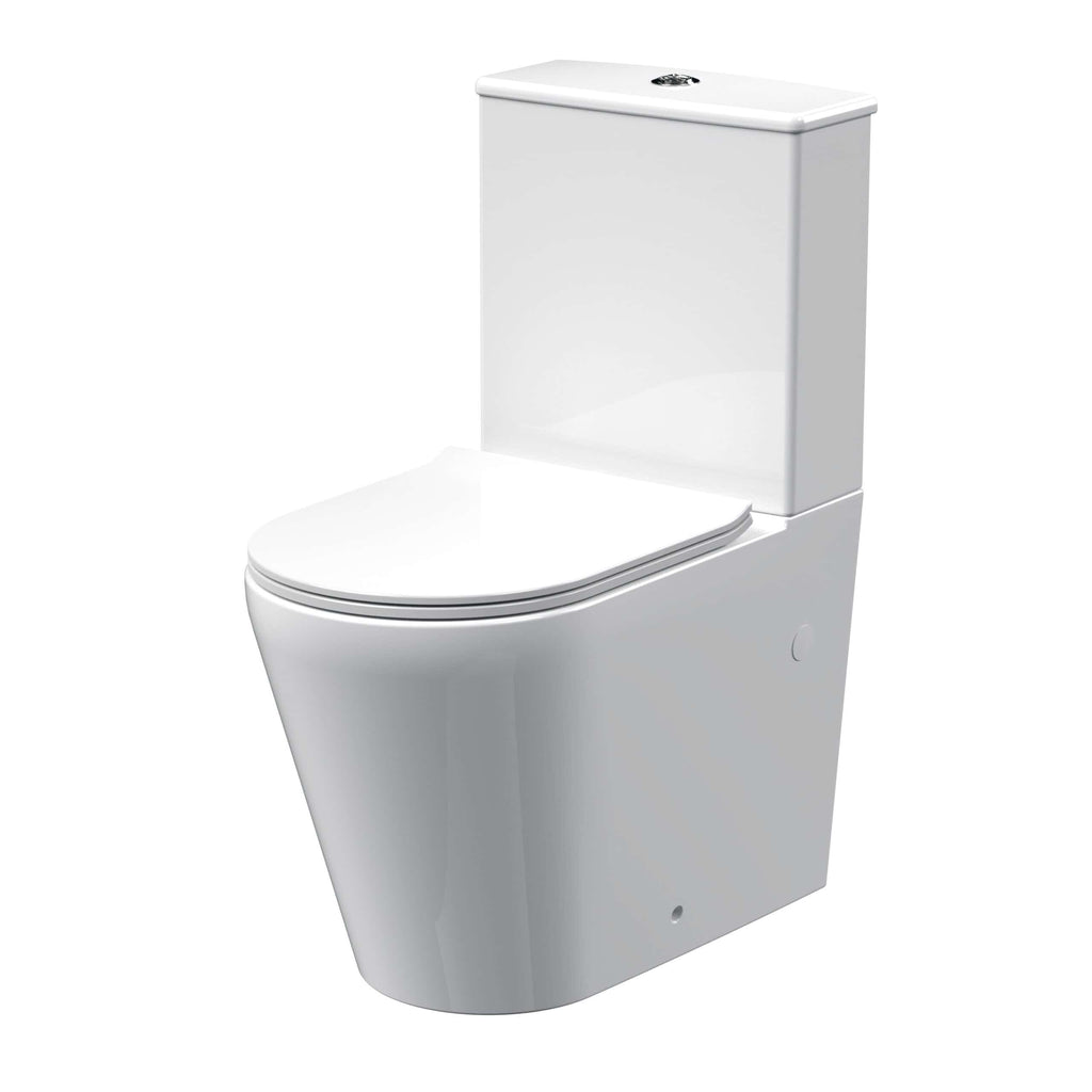 Modern white ceramic close-coupled toilet with a sleek design, suitable for contemporary bathrooms, featuring a dual-flush system for water efficiency.