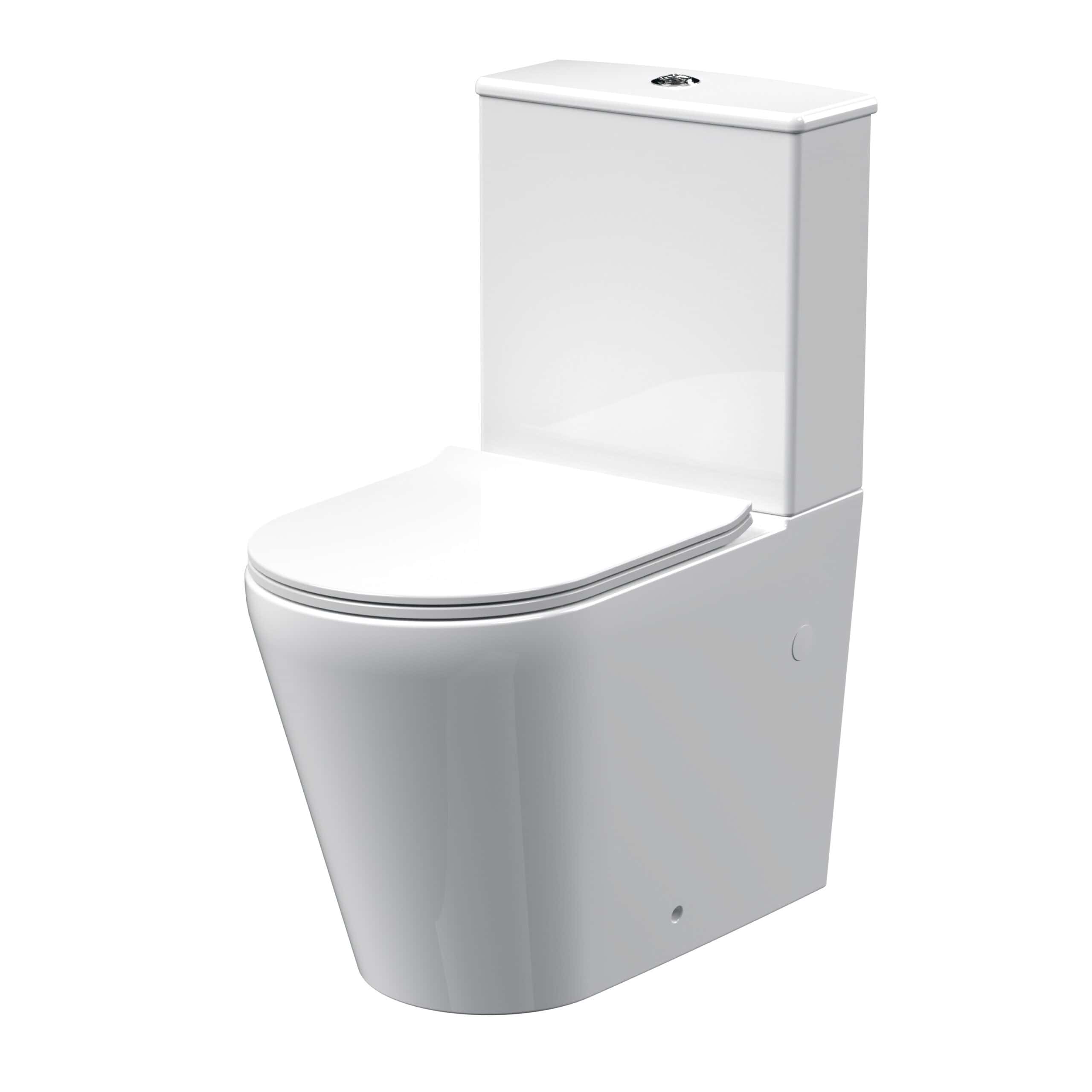 Modern white ceramic close-coupled toilet with a sleek design, suitable for contemporary bathrooms, featuring a dual-flush system for water efficiency.