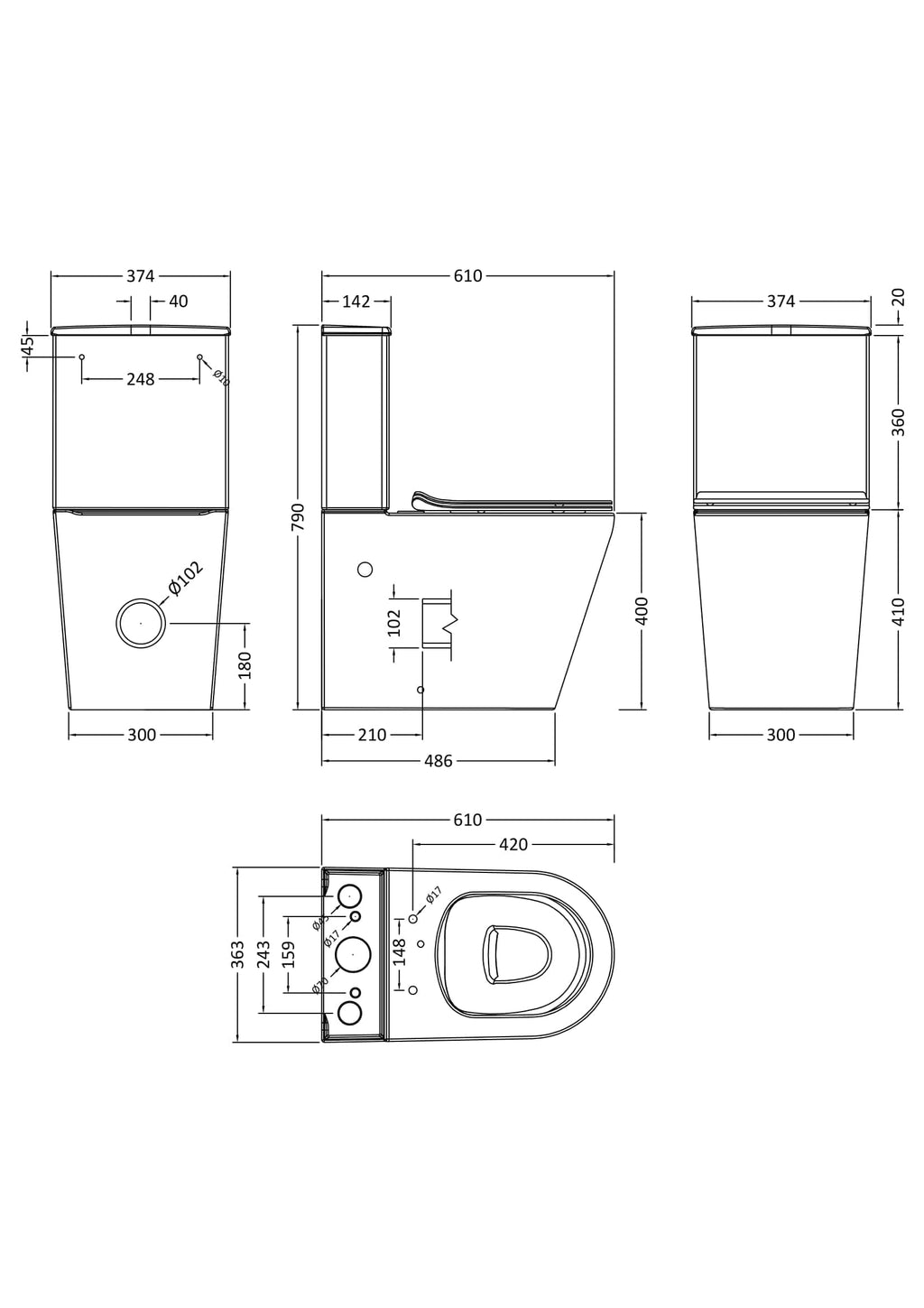 High-quality modern bathroom toilet design with detailed technical drawing, dimensions, and specifications for Bubly Bathrooms. Perfect for bathroom renovation and upgrade projects.
