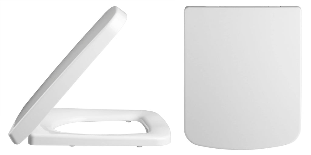 Smooth white toilet seat with soft-close lid, perfect for modern bathrooms, offering comfort and durability.