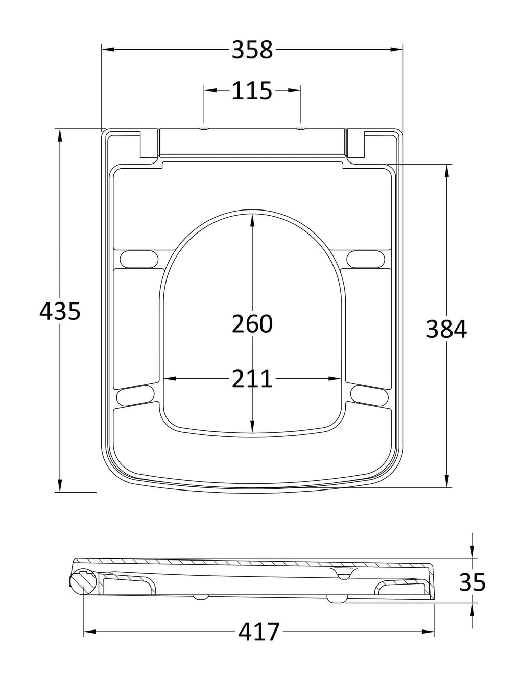 Light grey toilet seat with detailed technical drawing, dimensions, and installation guide for bathroom renovation and plumbing projects.