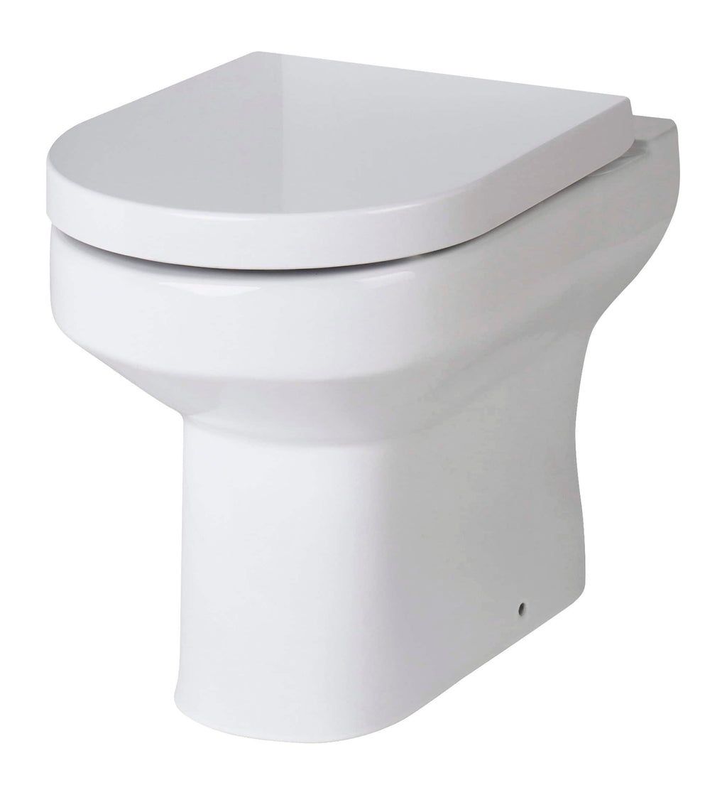 Modern white close-coupled toilet bowl with cover, ideal for contemporary bathroom designs and water-saving fixtures.