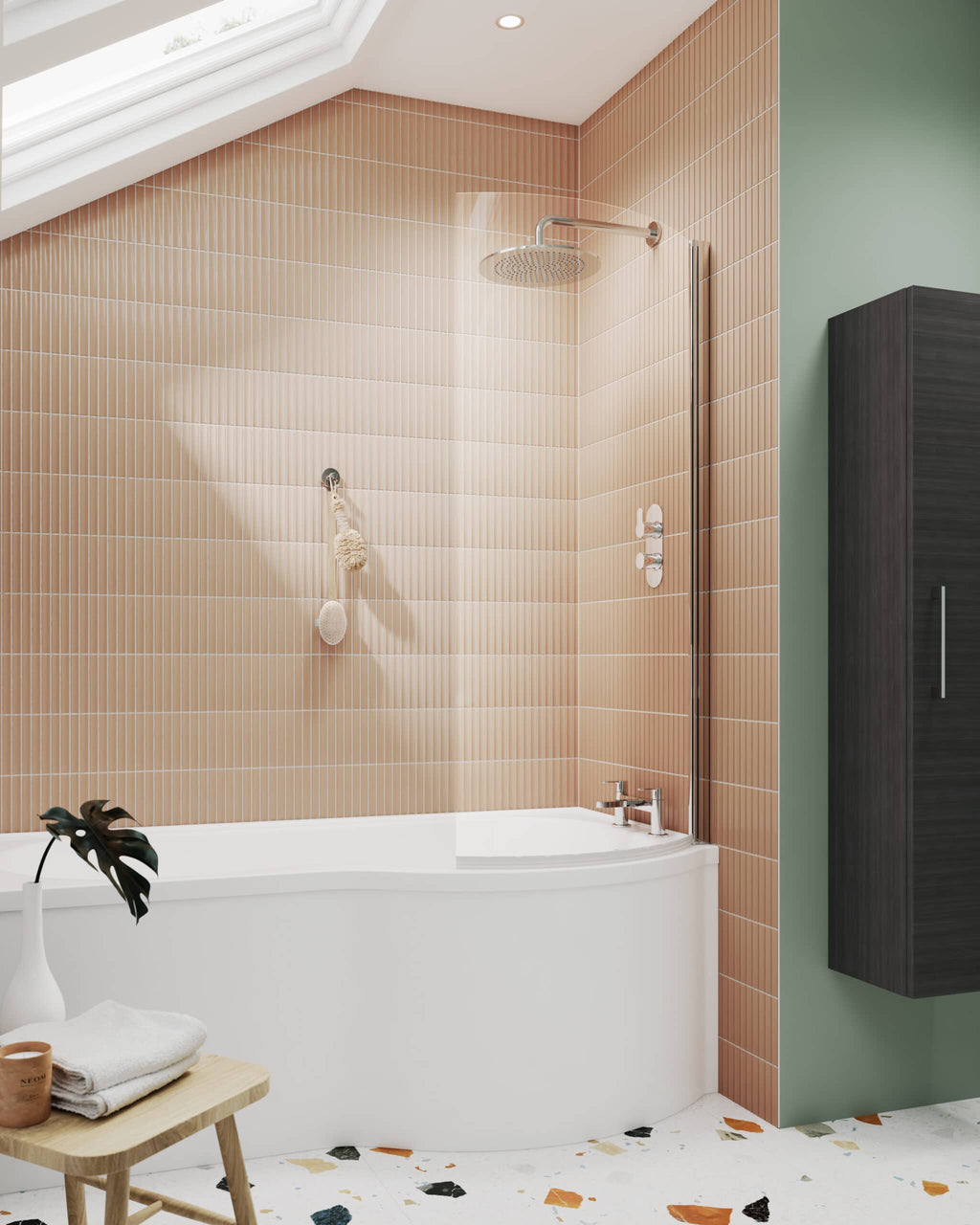 Sleek walk-in shower with beige tiles, modern showerhead, and minimalist design perfect for contemporary bathrooms.