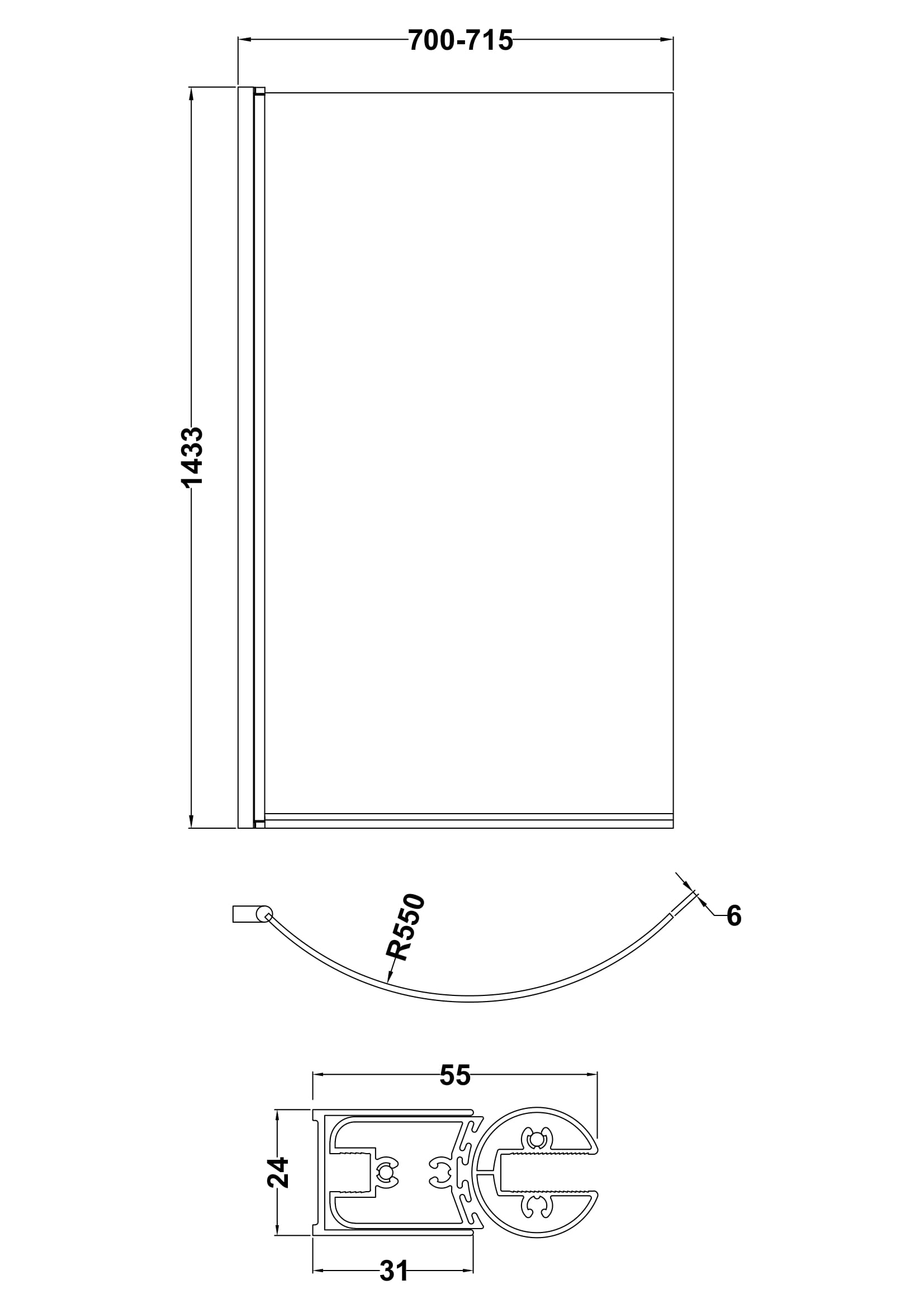 Sleek shower enclosure with precise measurements for modern bathrooms, featuring a curved R550 profile and clear glass design. Perfect for enhancing bathroom functionality and style.