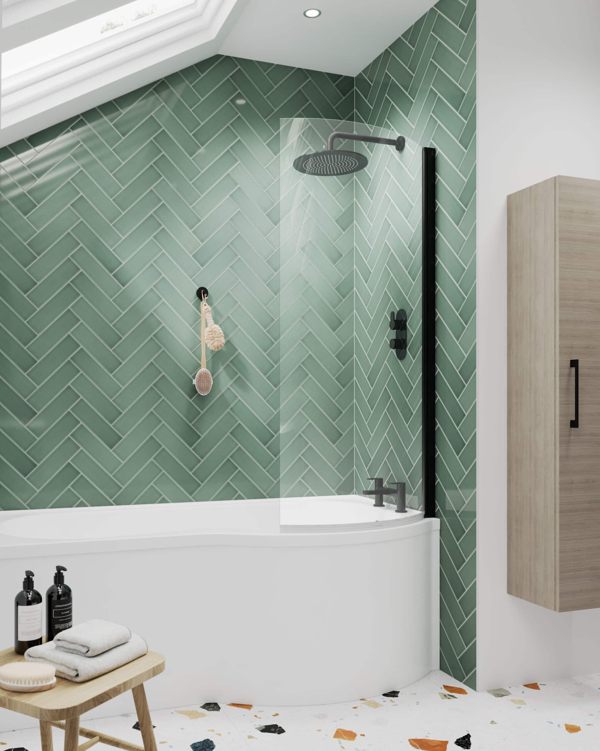 Luxury walk-in shower with black fixtures and green herringbone tiles, modern bathroom design, natural light from skylight, minimalist decor, bubble bath setup, stylish wooden cabinet in the background.