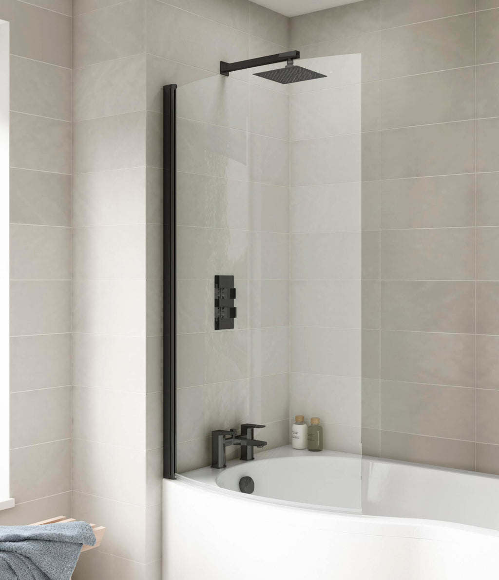 Sleek black shower screen and modern fixtures in a contemporary bathroom with neutral tiled walls. Ideal for stylish bathroom renovation and waterproof shower protection.