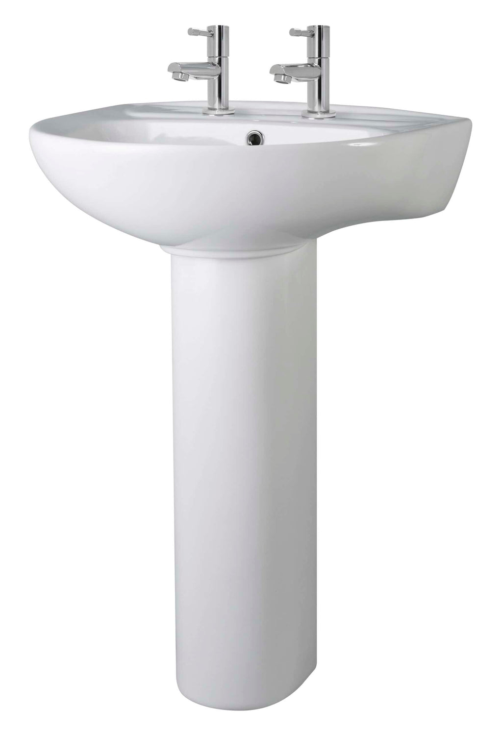 Ceramic bathroom sink with pedestal and dual chrome taps, ideal for modern bathrooms and en-suites. Durable, easy-clean design perfect for households seeking stylish and functional plumbing fixtures.