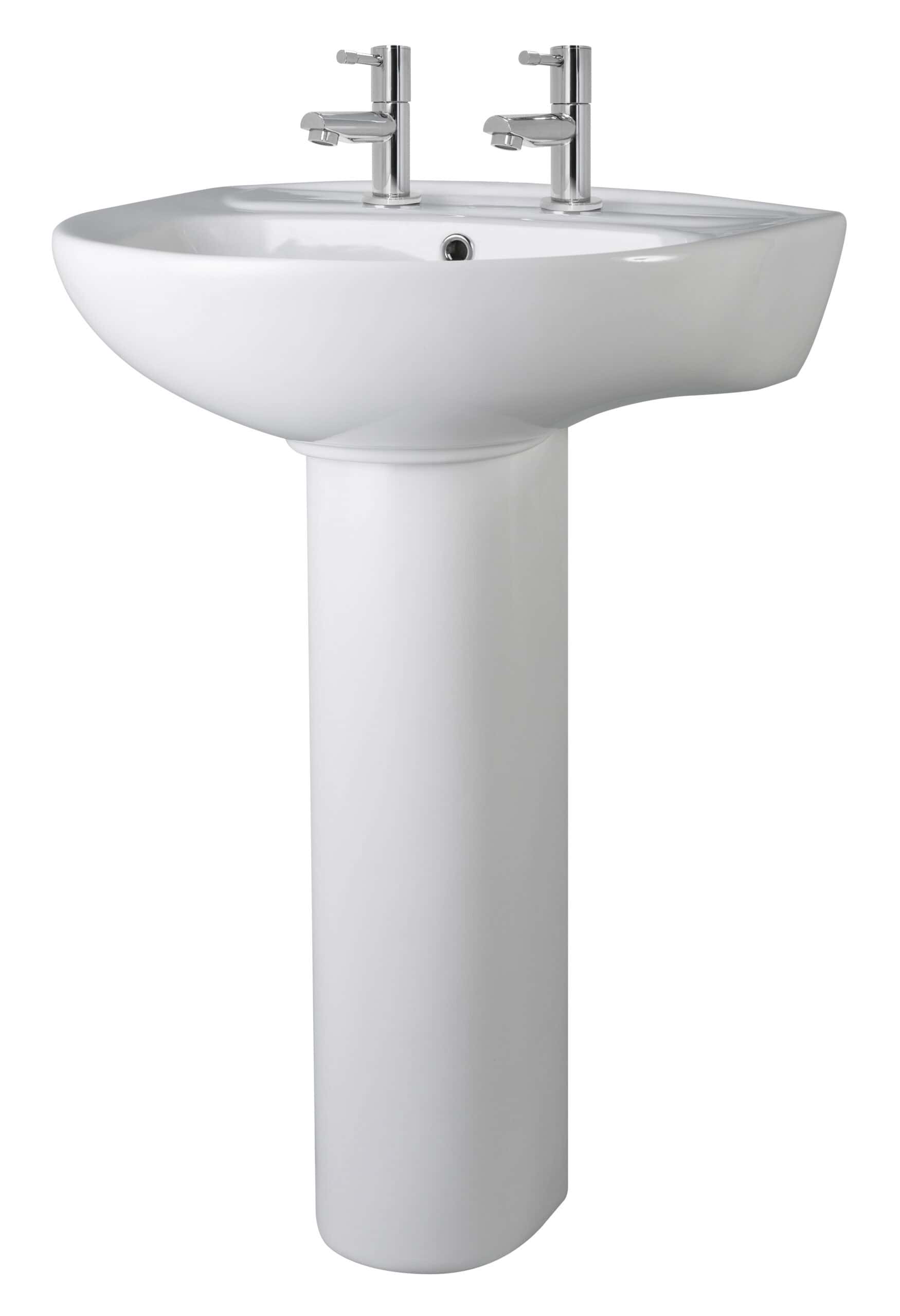 Ceramic bathroom sink with pedestal and dual chrome taps, ideal for modern bathrooms and en-suites. Durable, easy-clean design perfect for households seeking stylish and functional plumbing fixtures.