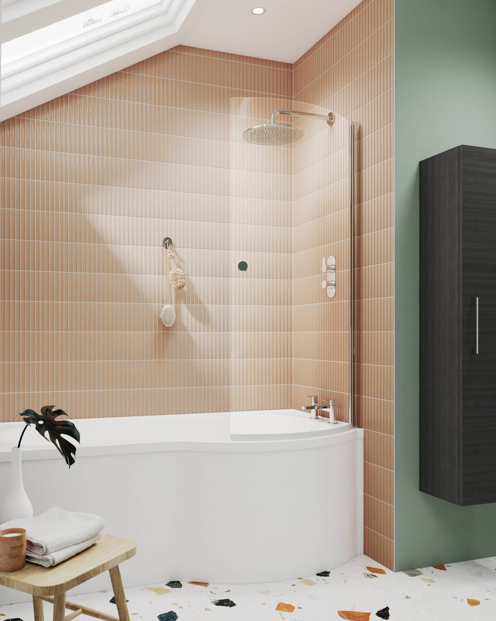 Elegantly styled bathroom with a modern bathtub, peach ceramic tiles, wall-mounted shower system, and a sleek black storage cabinet, perfect for contemporary Bubly bathrooms.