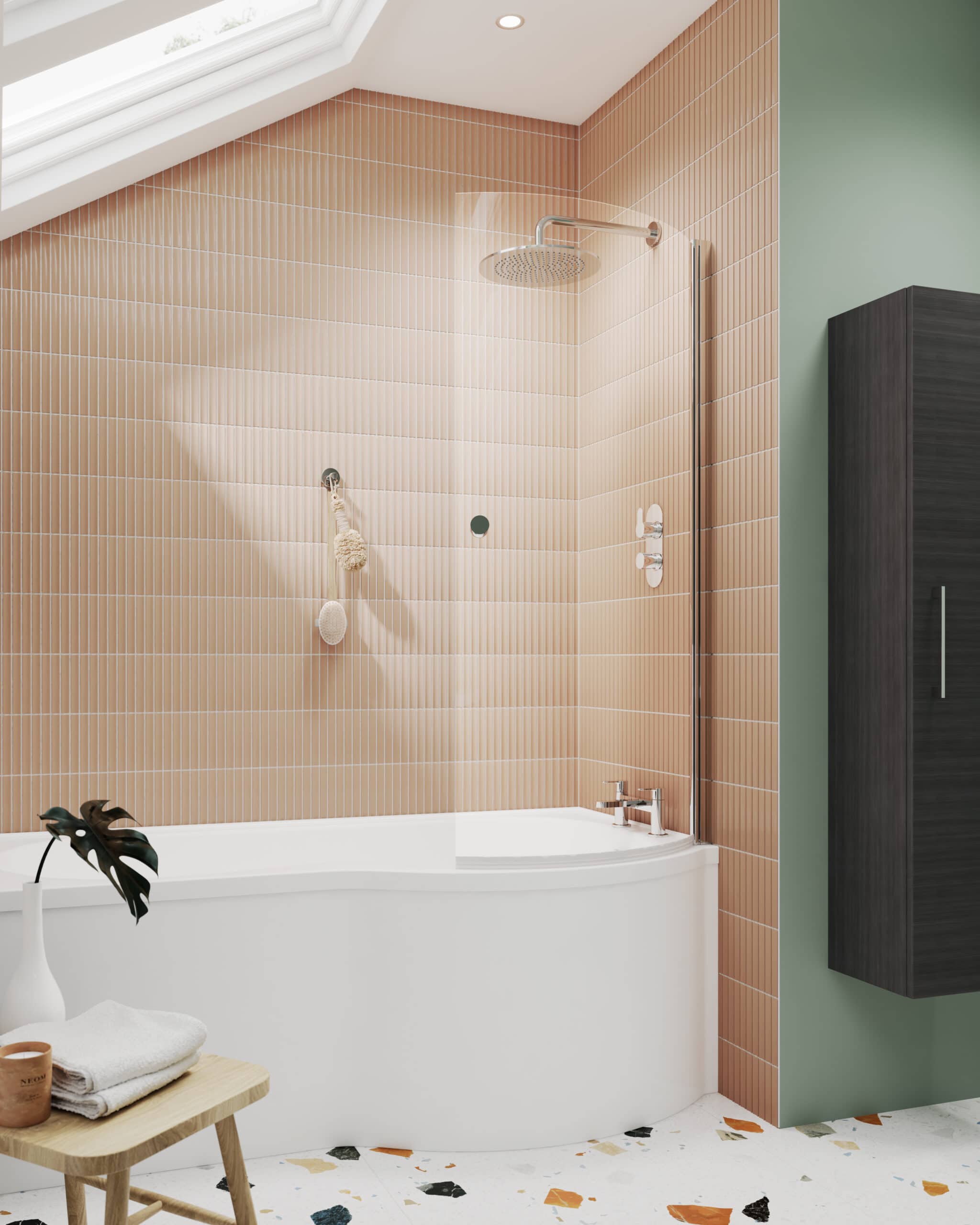 Elegantly styled bathroom with a modern bathtub, peach ceramic tiles, wall-mounted shower system, and a sleek black storage cabinet, perfect for contemporary Bubly bathrooms.