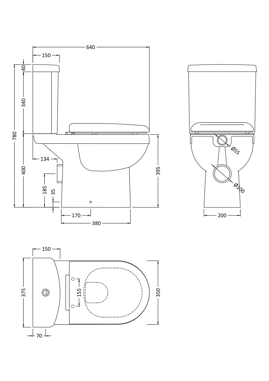 High-quality bathroom toilet with detailed technical drawing, including dimensions and specifications for modern bathroom renovation or plumbing installation.