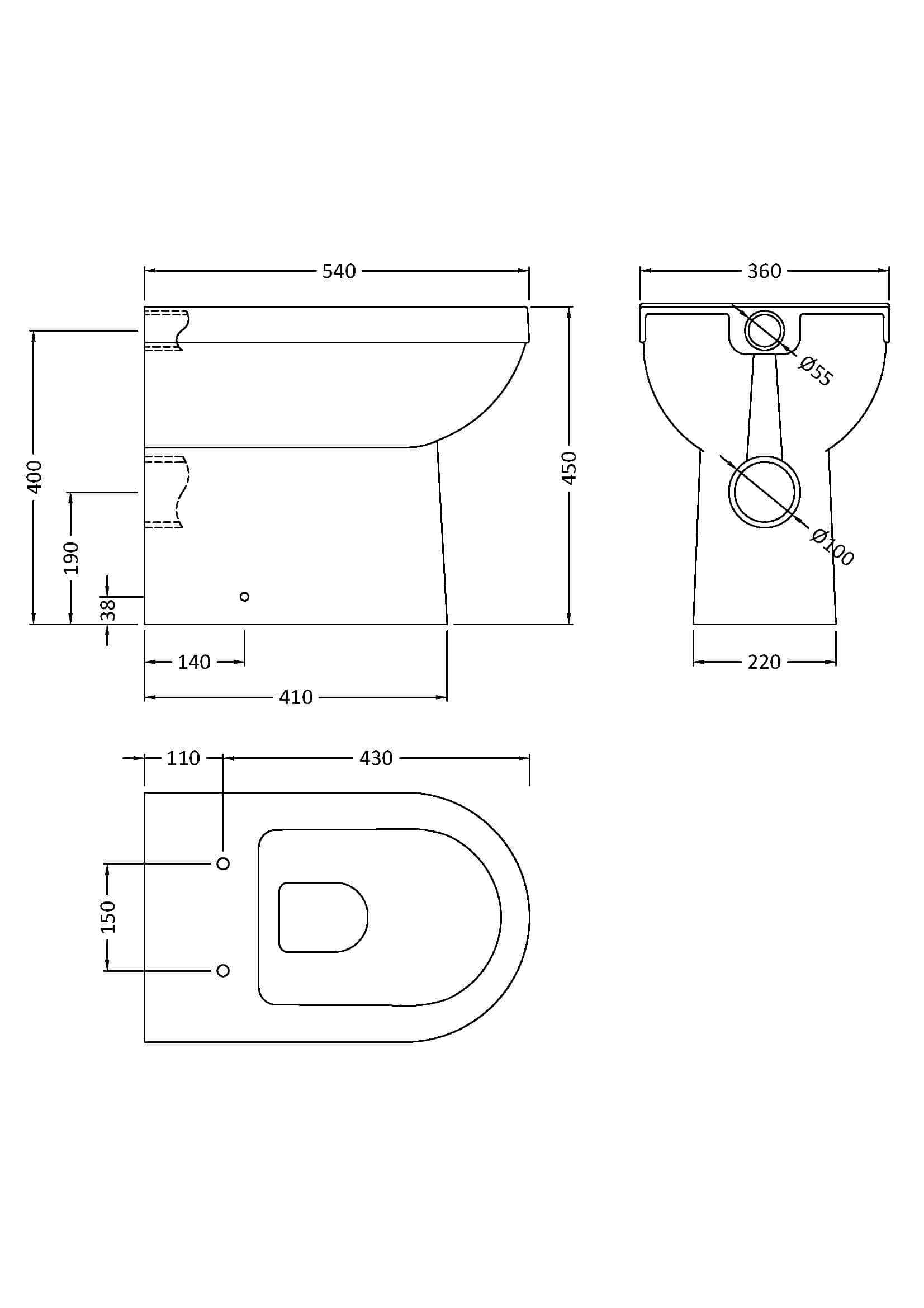 Sleek modern toilet with precise technical dimensions for bathroom renovation and design. Ideal for contemporary Bubly Bathrooms installations.