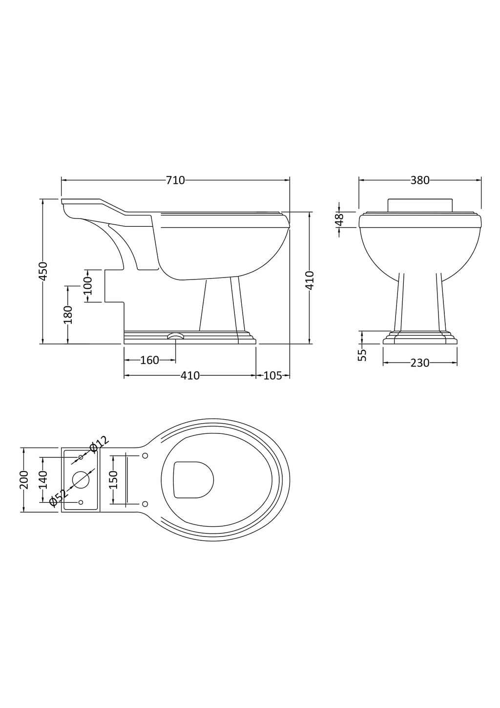 Elegant white toilet with detailed technical drawing, including measurements for bathroom renovation or plumbing installation, showcasing sleek design and functionality for modern bathrooms.