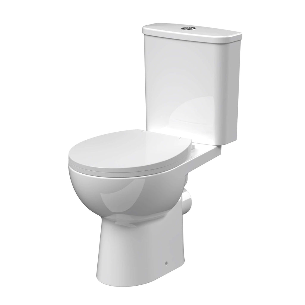 Modern white close-coupled toilet with dual-flush mechanism, ideal for contemporary bathrooms and water-saving efficiency. Perfect for residential and commercial bathroom renovations.