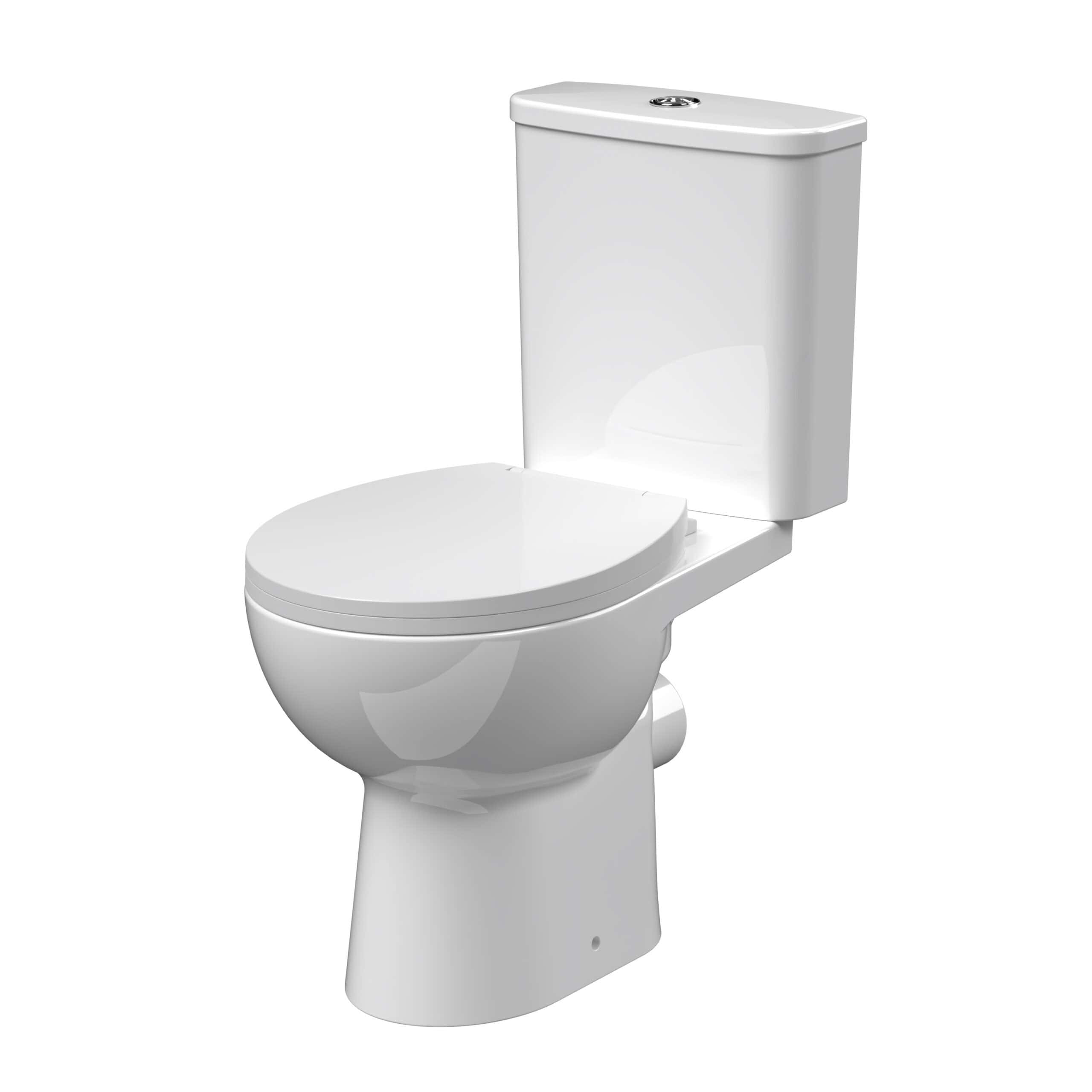 Modern white close-coupled toilet with dual-flush mechanism, ideal for contemporary bathrooms and water-saving efficiency. Perfect for residential and commercial bathroom renovations.