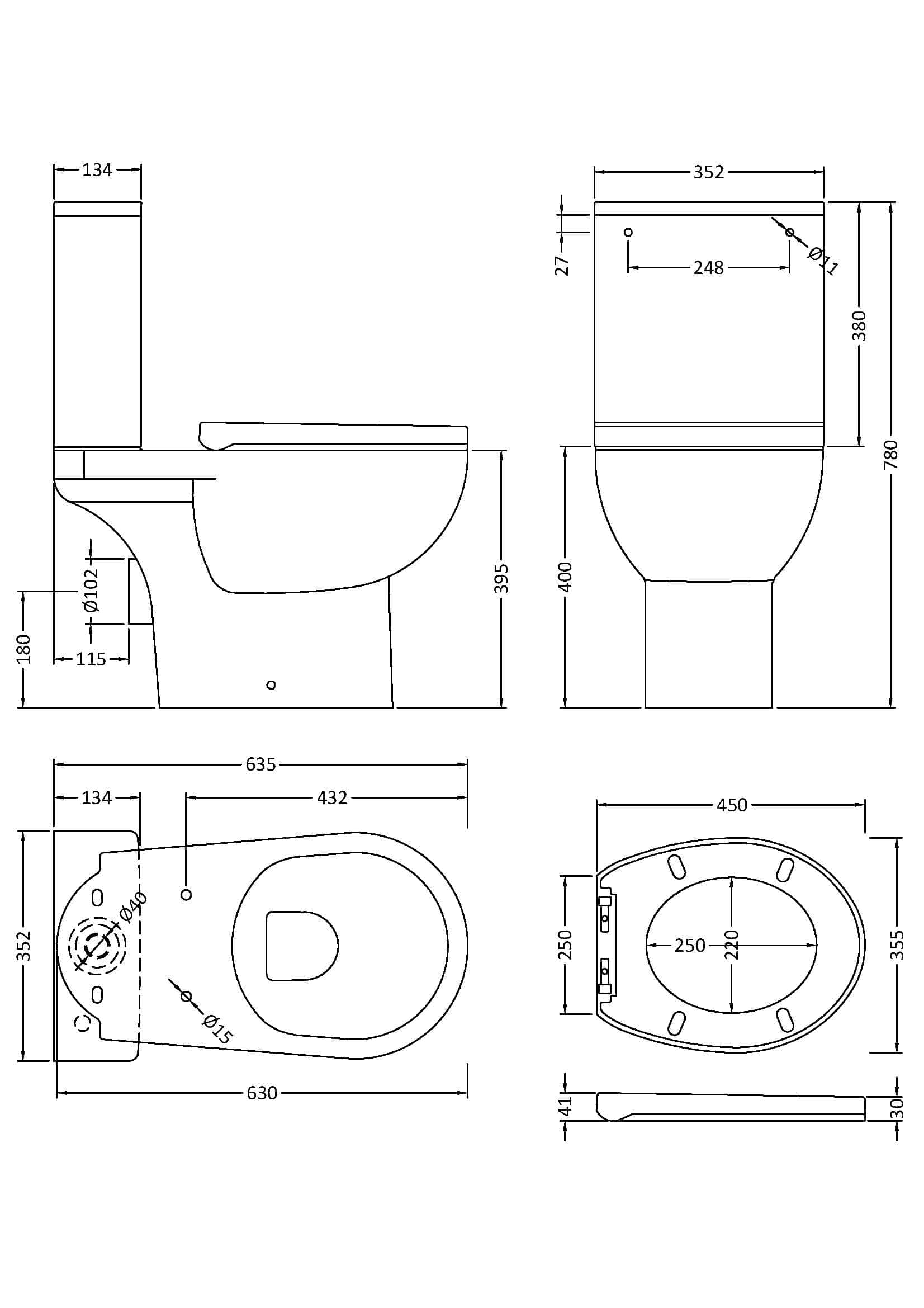 Modern white ceramic toilet with detailed technical drawings, including side, front, and top views, showcasing dimensions and features for bathroom renovation and installation.