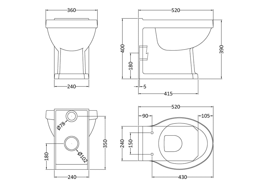 Smooth-edged ceramic toilet with detailed technical dimensions for modern bathroom design and installation. Ideal for contemporary bathroom renovation projects.
