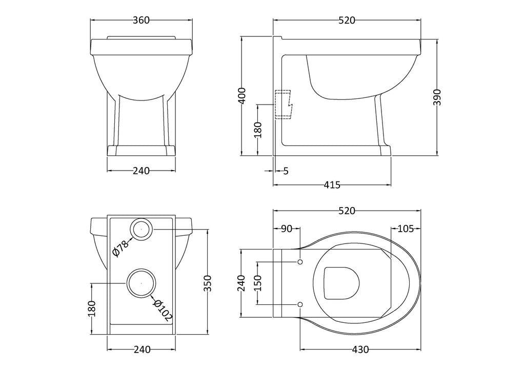 Sleek modern toilet design with detailed technical blueprint and precise measurements, ideal for contemporary bathroom renovations and bathroom fixture planning.