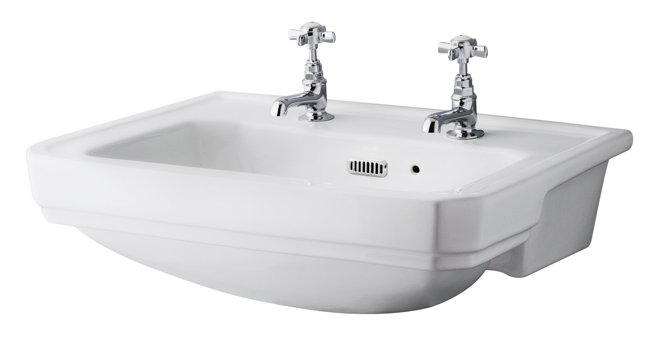 Polished ceramic washbasin with twin taps, ideal for traditional and contemporary bathrooms, featuring sturdy chrome fixtures and a built-in overflow.