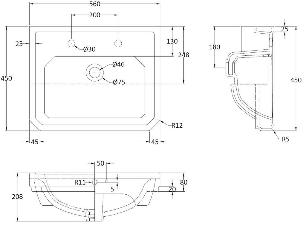 High-quality bathroom sink technical drawing with detailed dimensions and specifications for bathroom design and installation. Perfect for bathroom renovation projects.