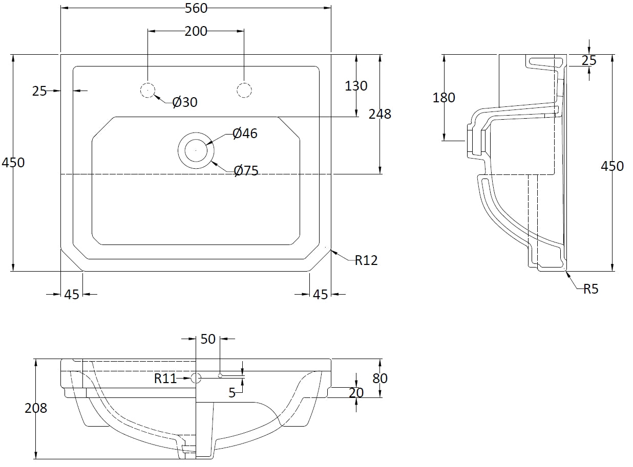 High-quality bathroom sink technical drawing with detailed dimensions and specifications for bathroom design and installation. Perfect for bathroom renovation projects.