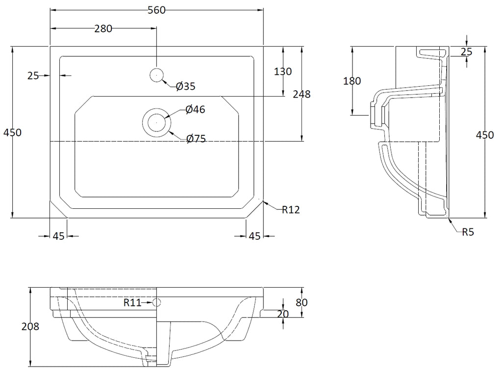 Elegant bathroom sink with detailed technical schematic, showcasing dimensions and materials for custom bathroom fittings and plumbing installations.