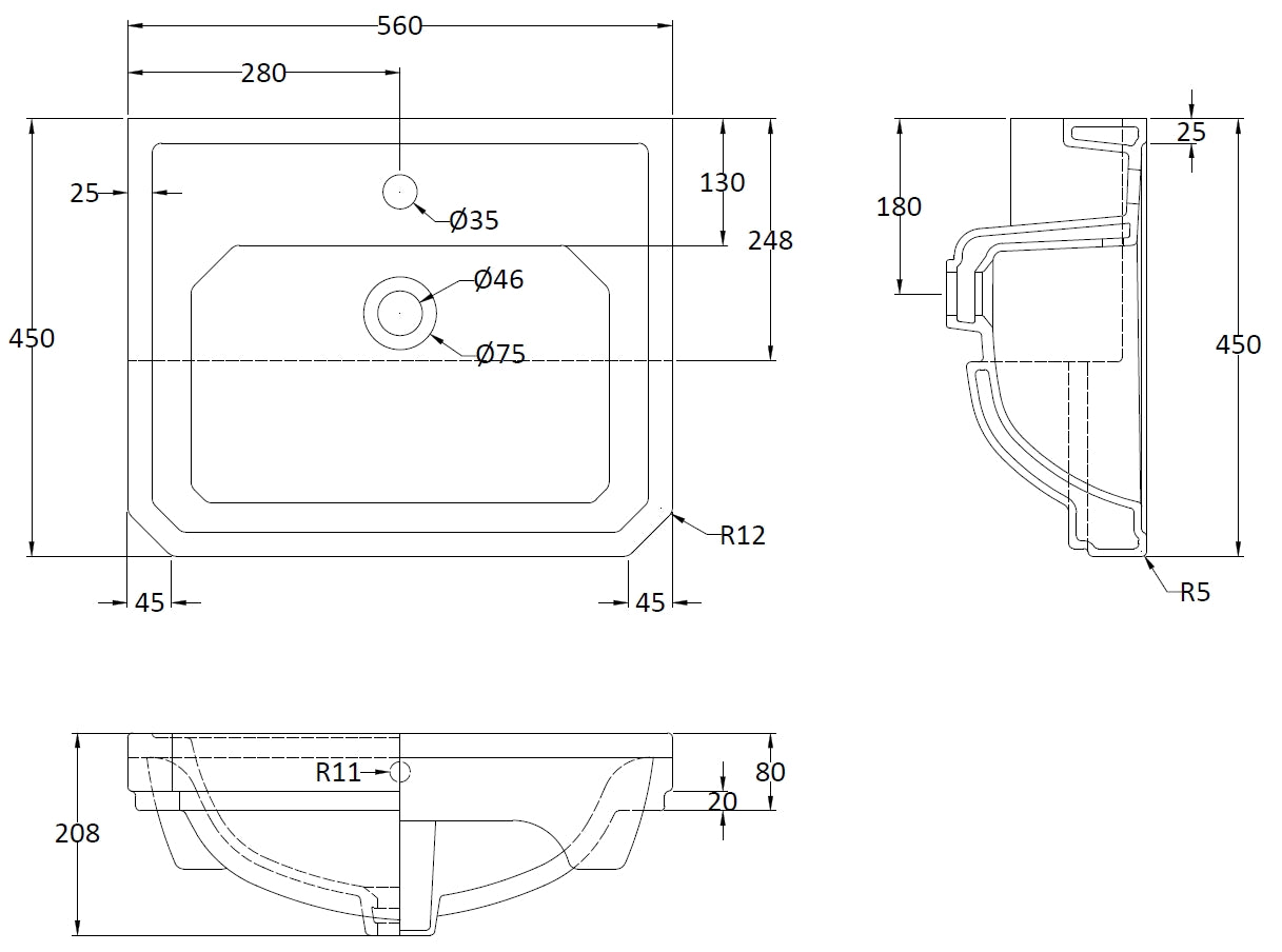 Elegant bathroom sink with detailed technical schematic, showcasing dimensions and materials for custom bathroom fittings and plumbing installations.