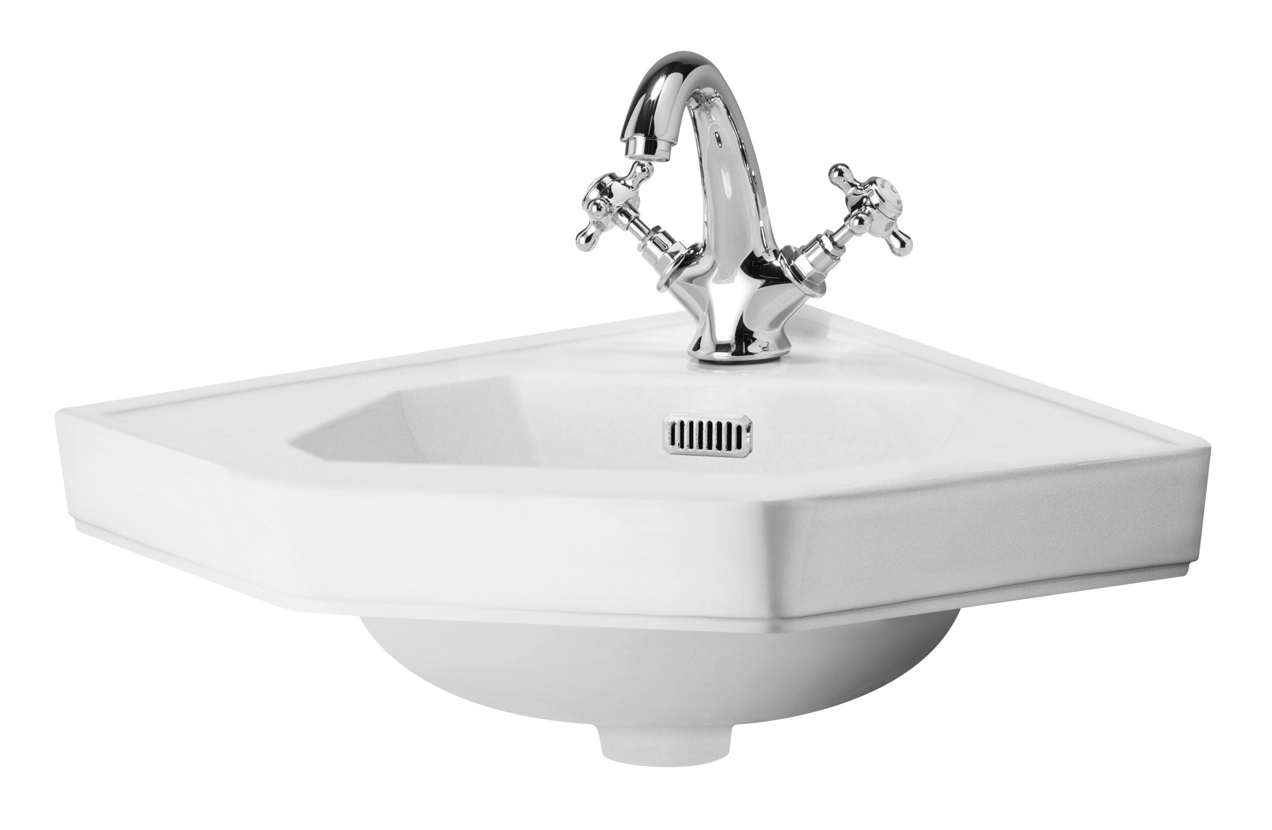 Shallow white bathroom sink with polished chrome vintage-style faucet and cross-handled taps on a plain white background.