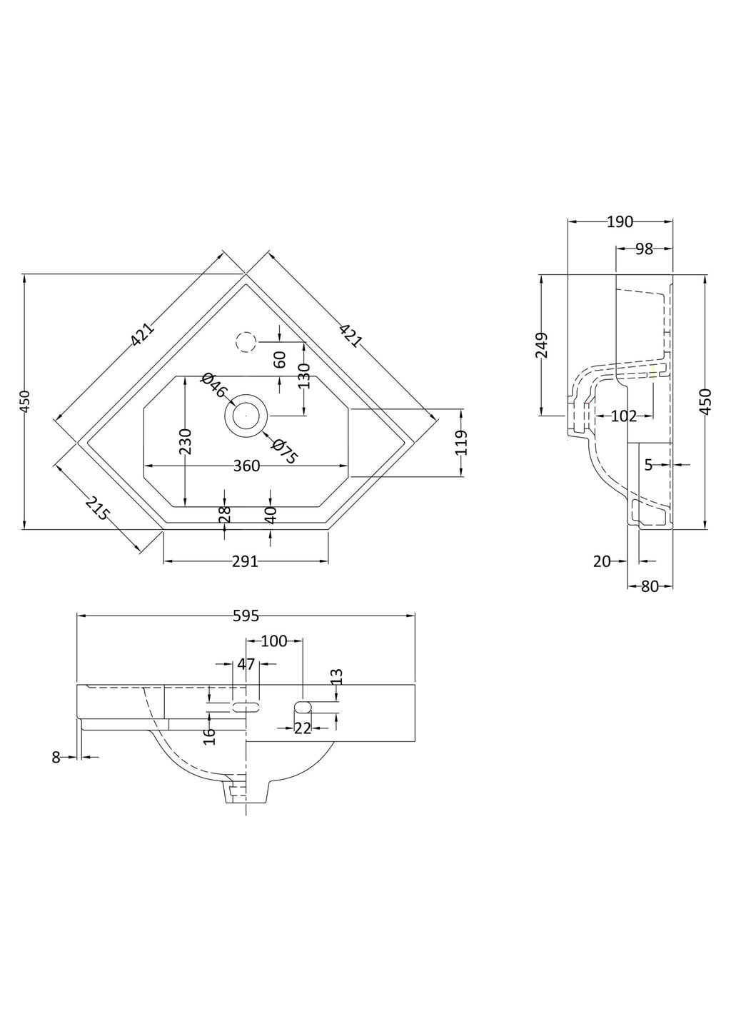 High-quality bathroom sink technical drawing with detailed dimensions for Bubly Bathrooms, ideal for bathroom renovation projects and plumbing installations.