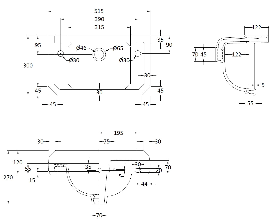 Precision technical drawing of a rectangular bathroom sink with detailed measurements for installation and plumbing, ideal for bathroom renovation projects.