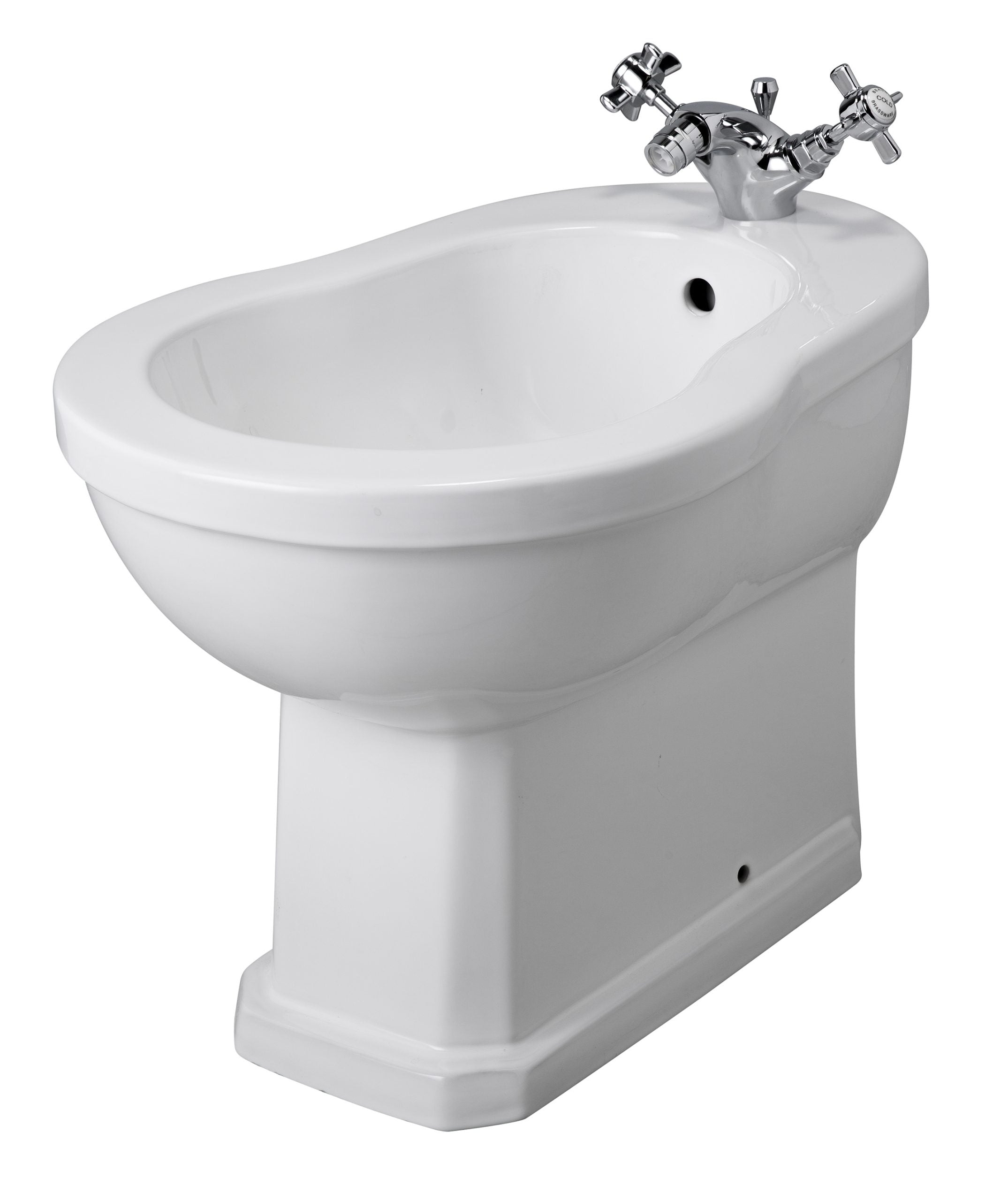 Polished white bathroom bidet with chrome mixer tap, ideal for modern bathroom fixtures and accessories.