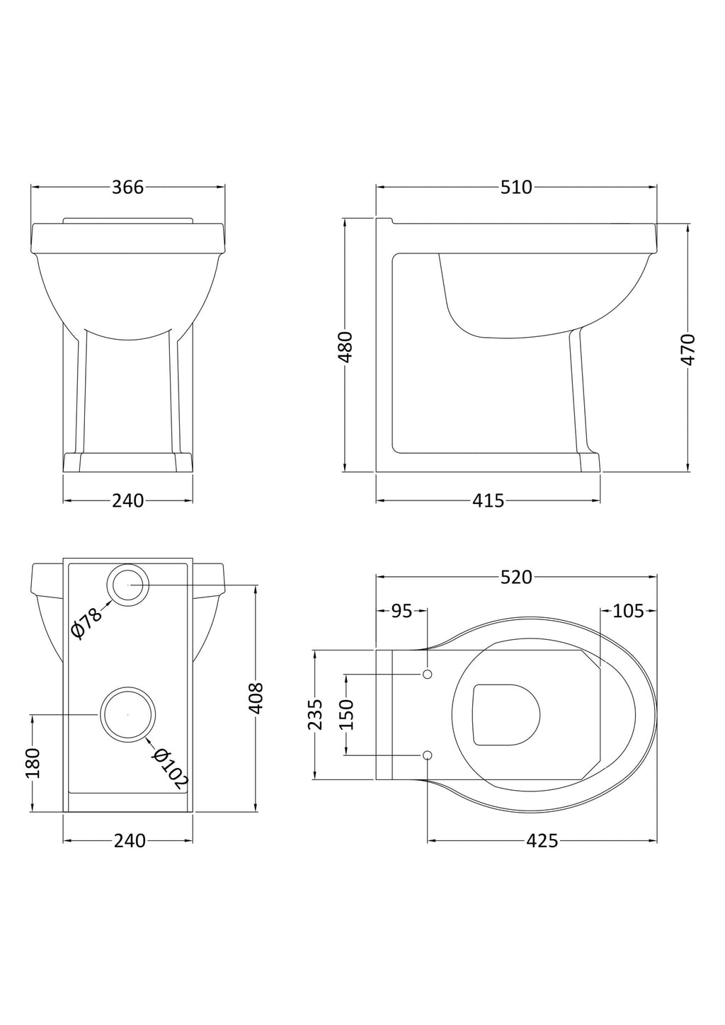 Sleek modern bathroom toilet with detailed technical drawing, dimensions included, ideal for bathroom renovation and design projects.