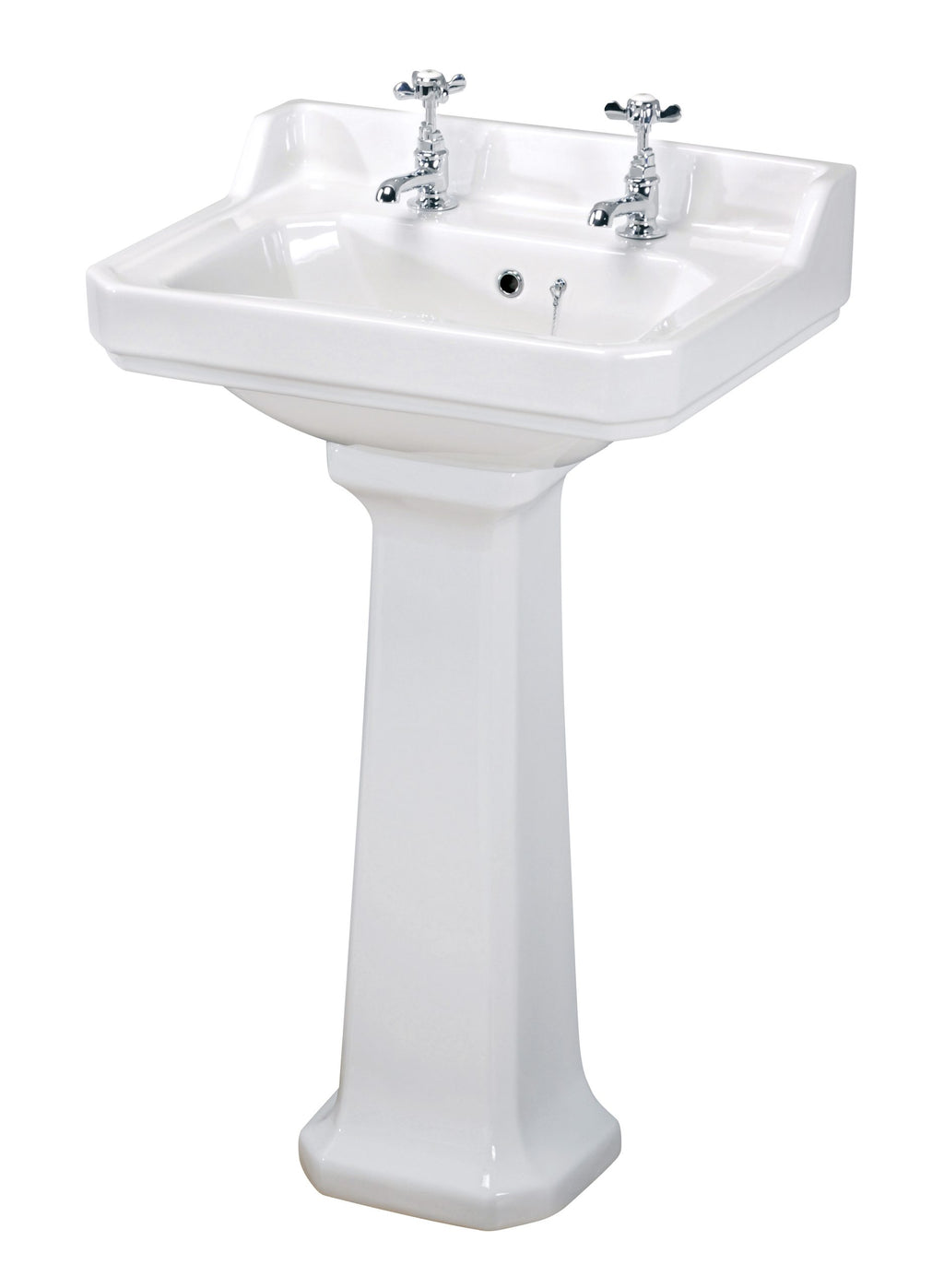 Elegant white bathroom sink with dual chrome taps, classic pedestal design, ideal for traditional bathroom decor, providing functional style and reliable water delivery.