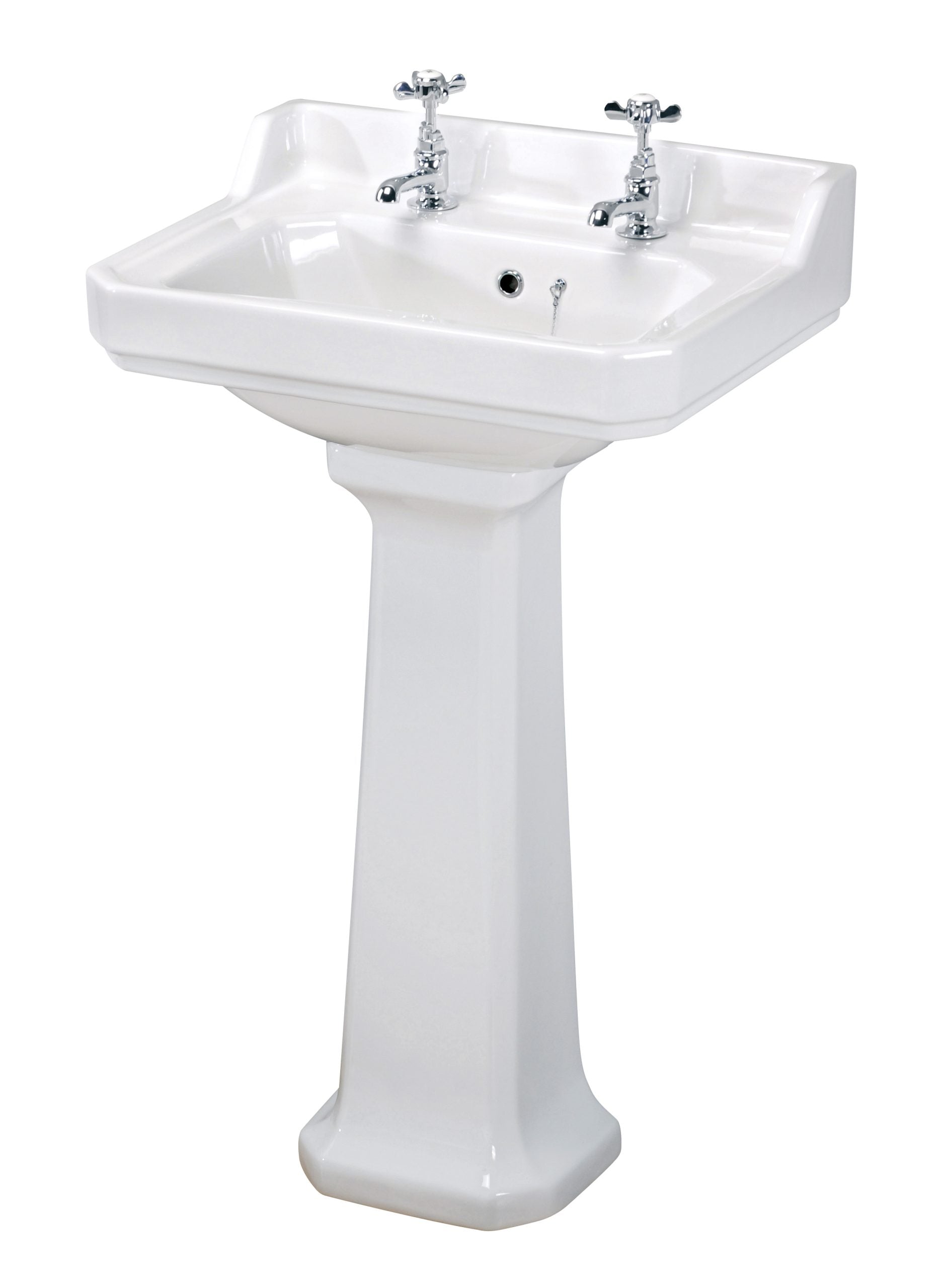 Elegant white bathroom sink with dual chrome taps, classic pedestal design, ideal for traditional bathroom decor, providing functional style and reliable water delivery.