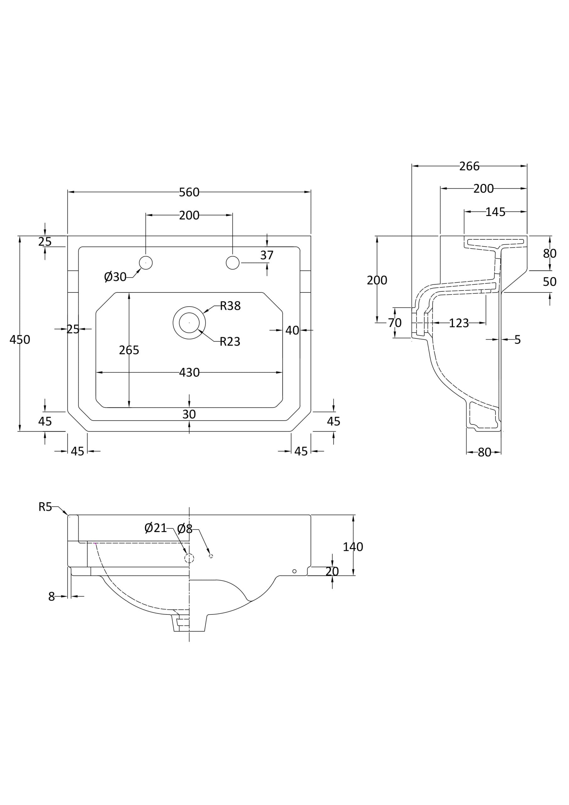 High-quality technical drawing of a modern bathroom sink with detailed dimensions and specifications for Bubly Bathrooms.