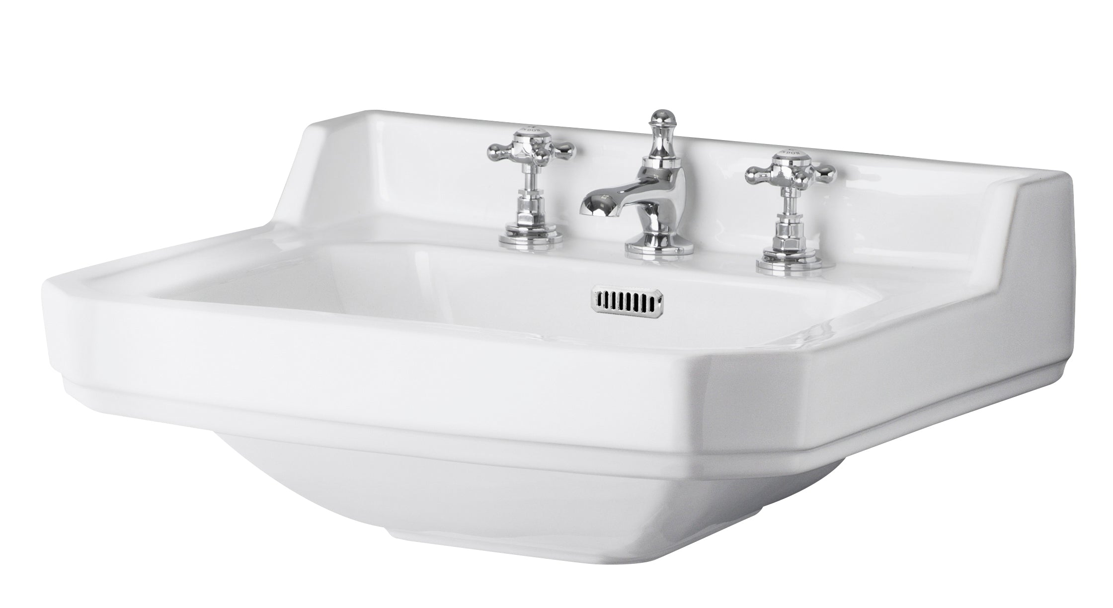 Polished white ceramic wall-mounted bathroom sink with vintage-style chrome taps and an integrated overflow, ideal for classic bathroom designs.