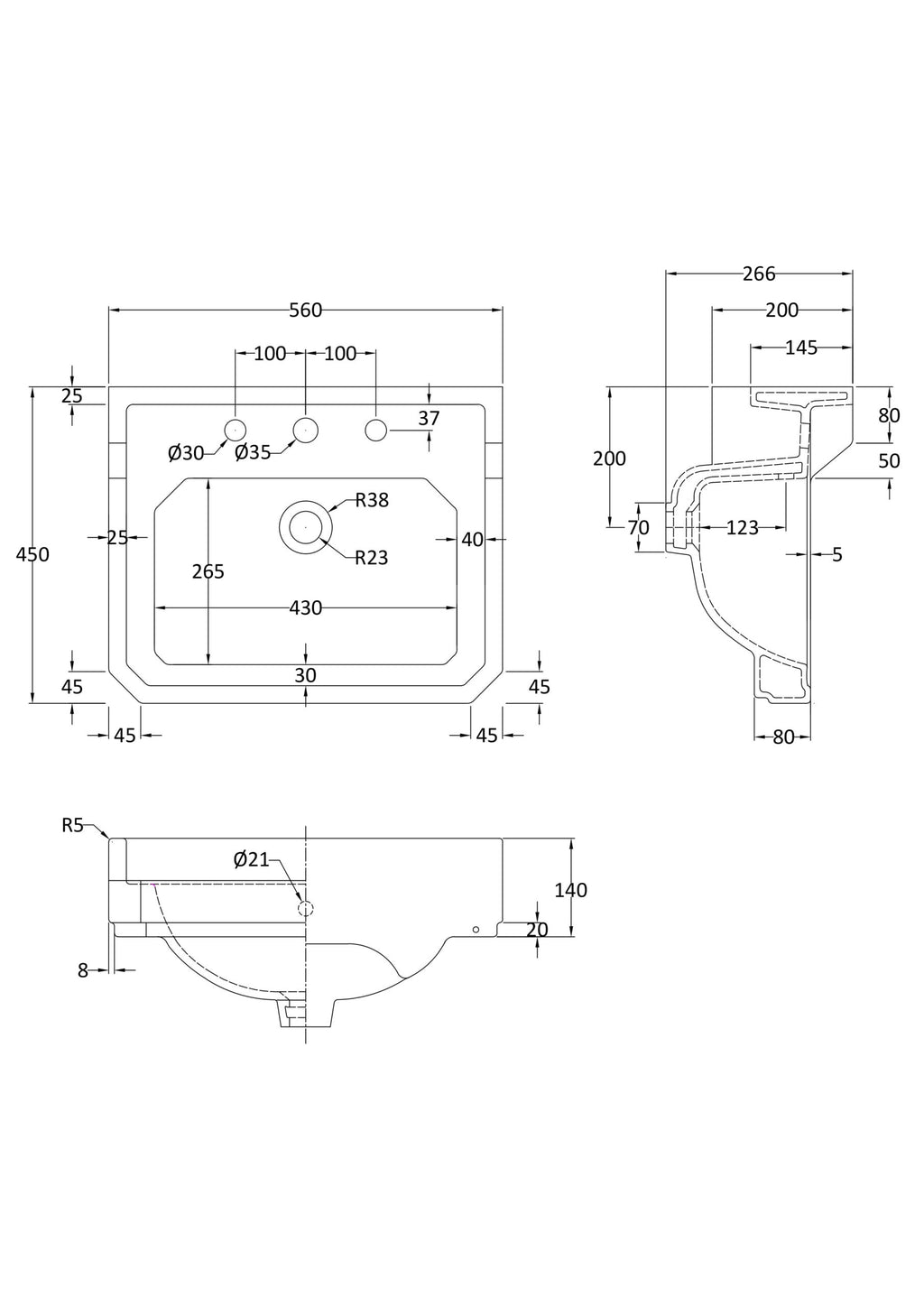 High-quality technical schematic of Bubly Bathroom sink with detailed measurements, perfect for bathroom renovation planning and plumbing installation.