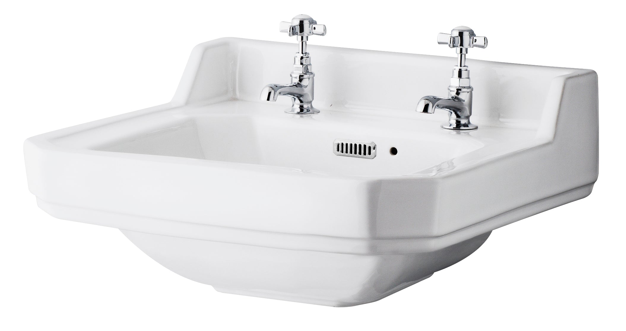 Polished white porcelain bathroom sink with chrome taps, ideal for traditional and contemporary bathrooms, featuring a built-in overflow and durable ceramic construction.