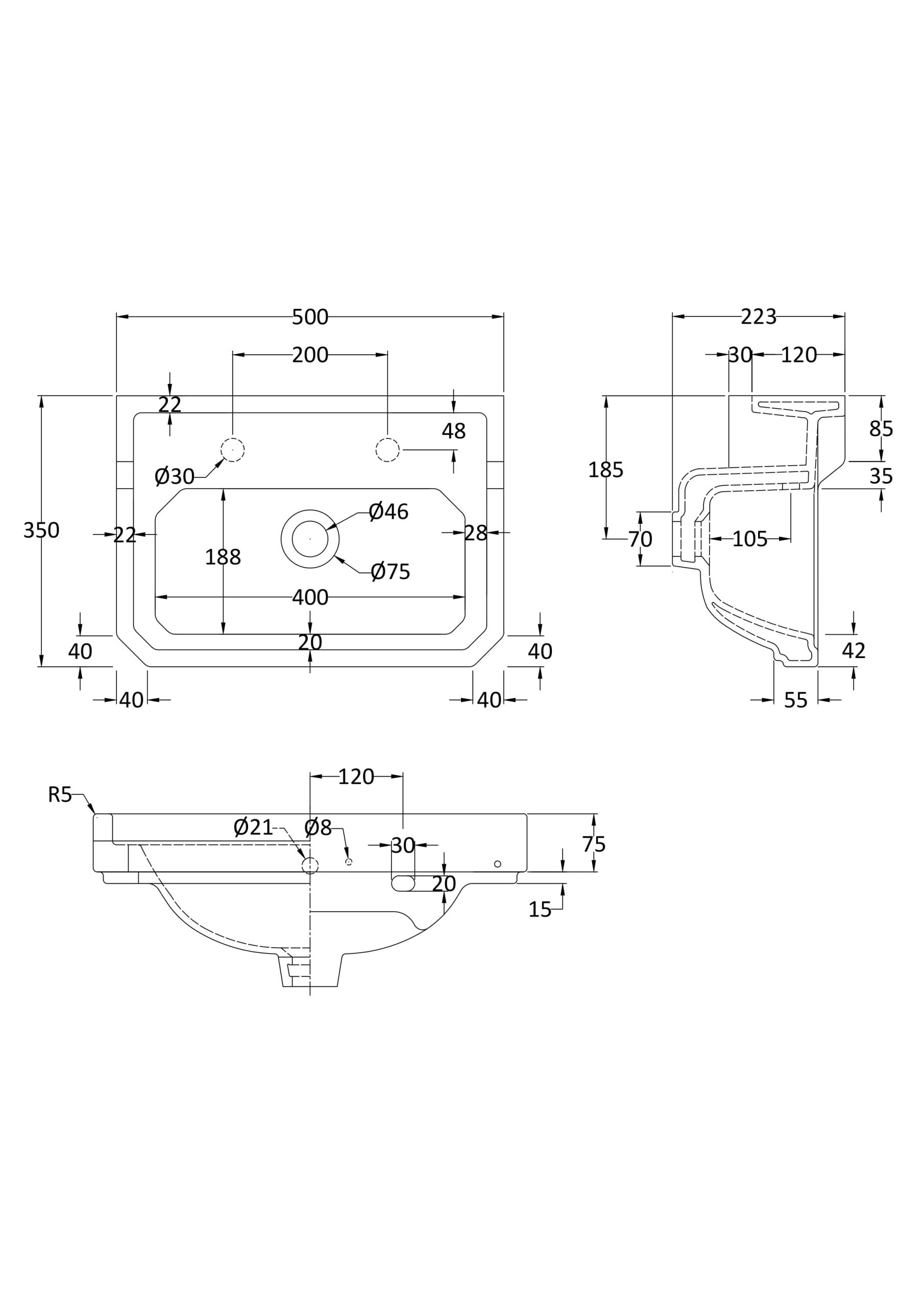 High-quality technical drawing of a modern bathroom sink for Bubly Bathrooms, showcasing precise dimensions and installation details for expert bathroom renovation planning.