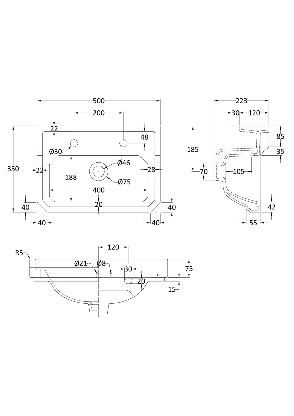 High-quality technical drawing of a modern bathroom sink for Bubly Bathrooms, showcasing precise dimensions and installation details for expert bathroom renovation planning.