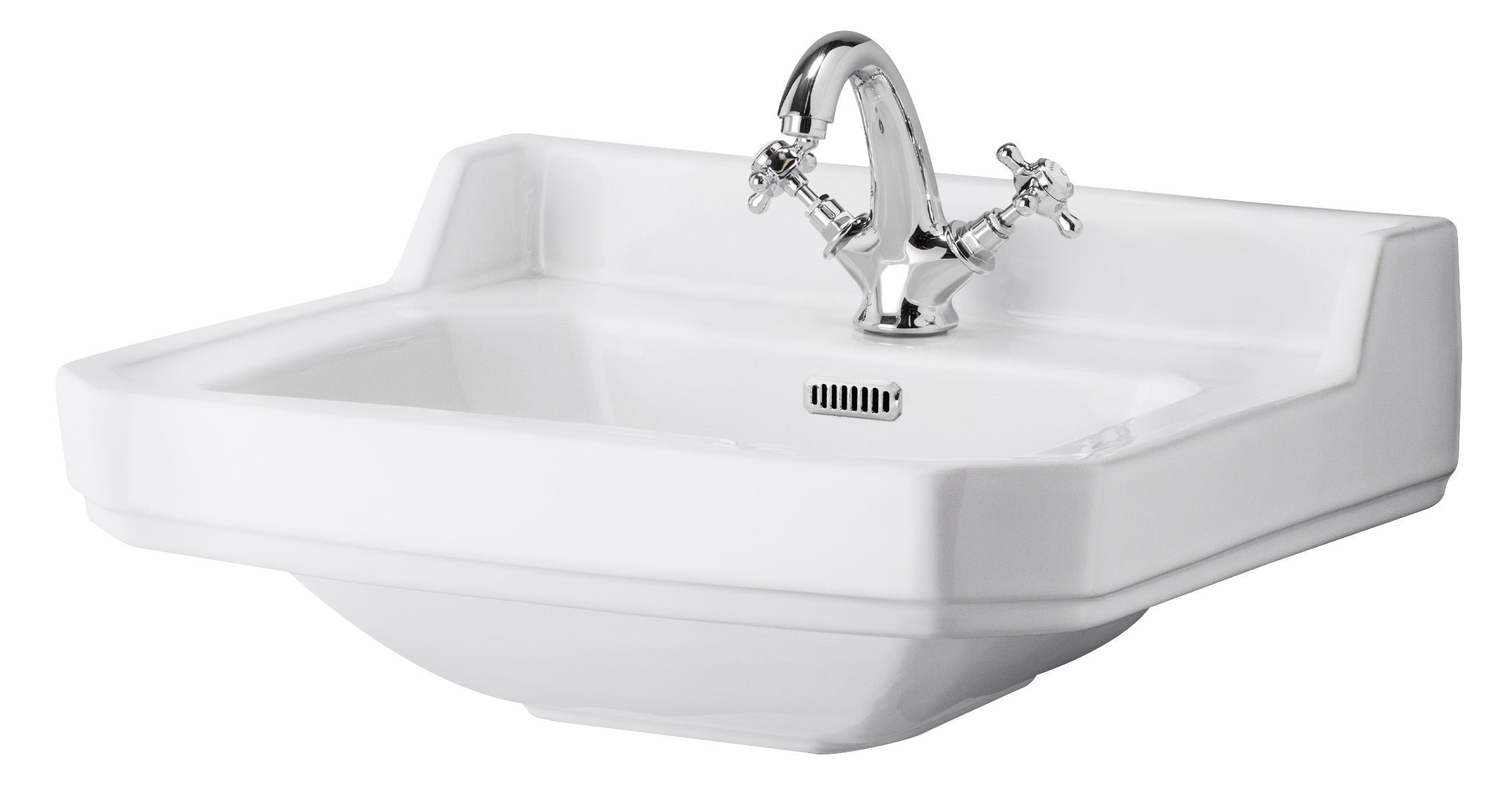 Elegant white ceramic bathroom sink with chrome dual-handle faucet, ideal for modern bathrooms, featuring a built-in overflow and durable ceramic construction.
