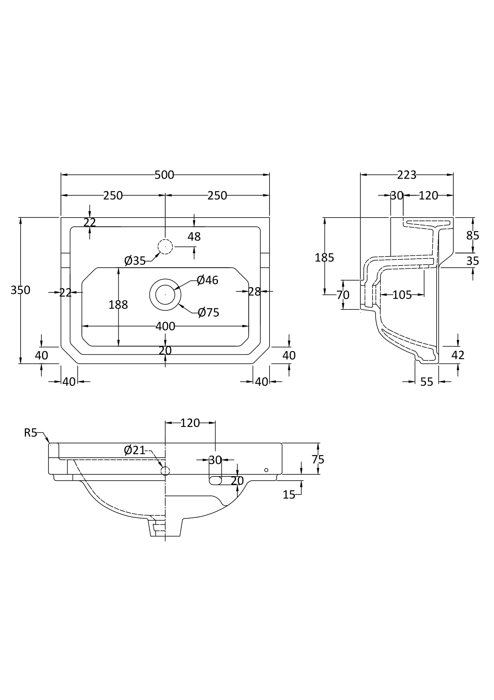 High-quality technical drawing of Bubly Bathrooms ceramic sink with detailed measurements and specifications for bathroom renovation projects.