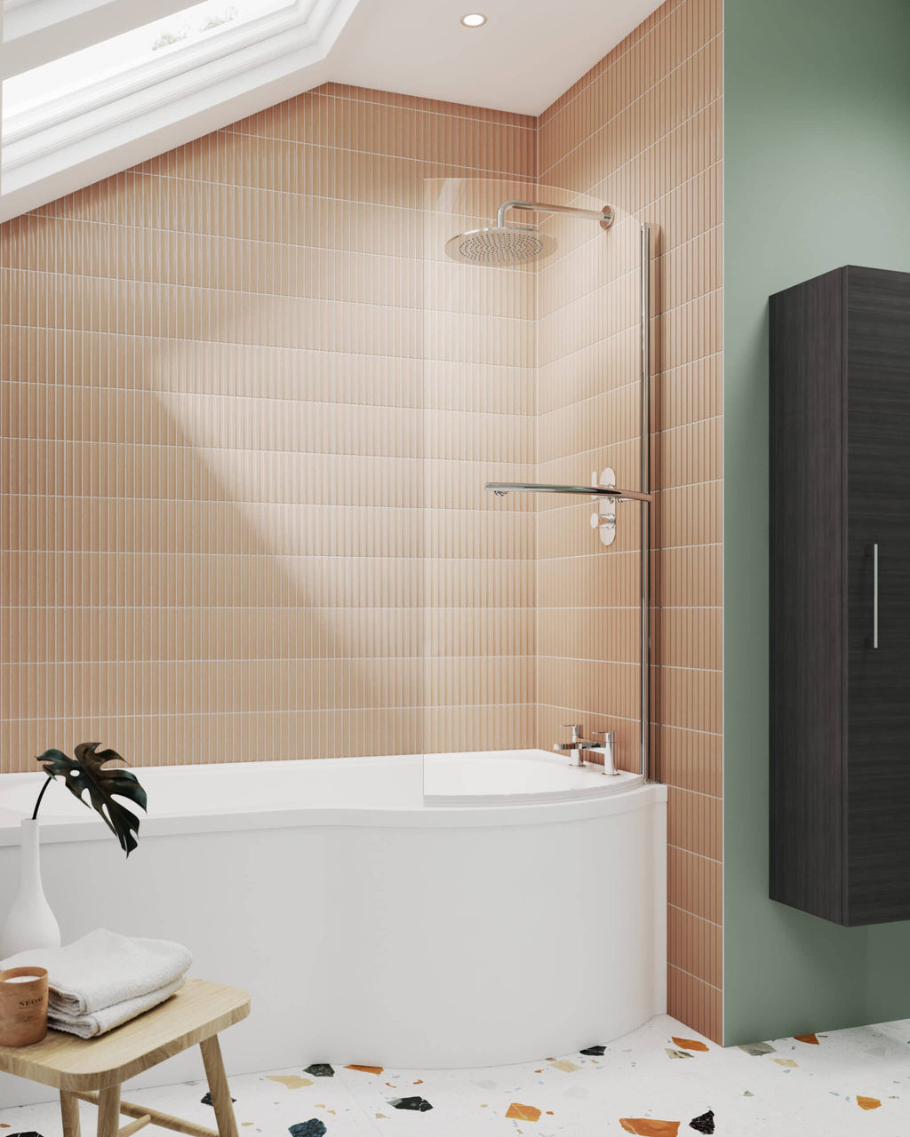 Polished bathroom with walk-in shower, beige tile wall, modern fixtures, natural light, minimalist decor, green accent wall, and terrazzo flooring, showcasing elegant Bubly Bathrooms design.