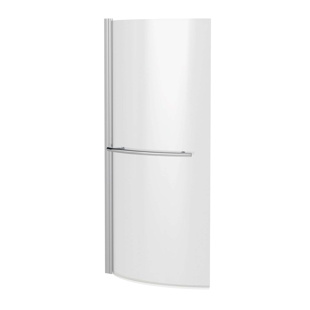 Sleek white curved shower enclosure with chrome handle for modern bathroom style. Durable, space-saving design ideal for contemporary bathroom renovations and shower upgrade projects.