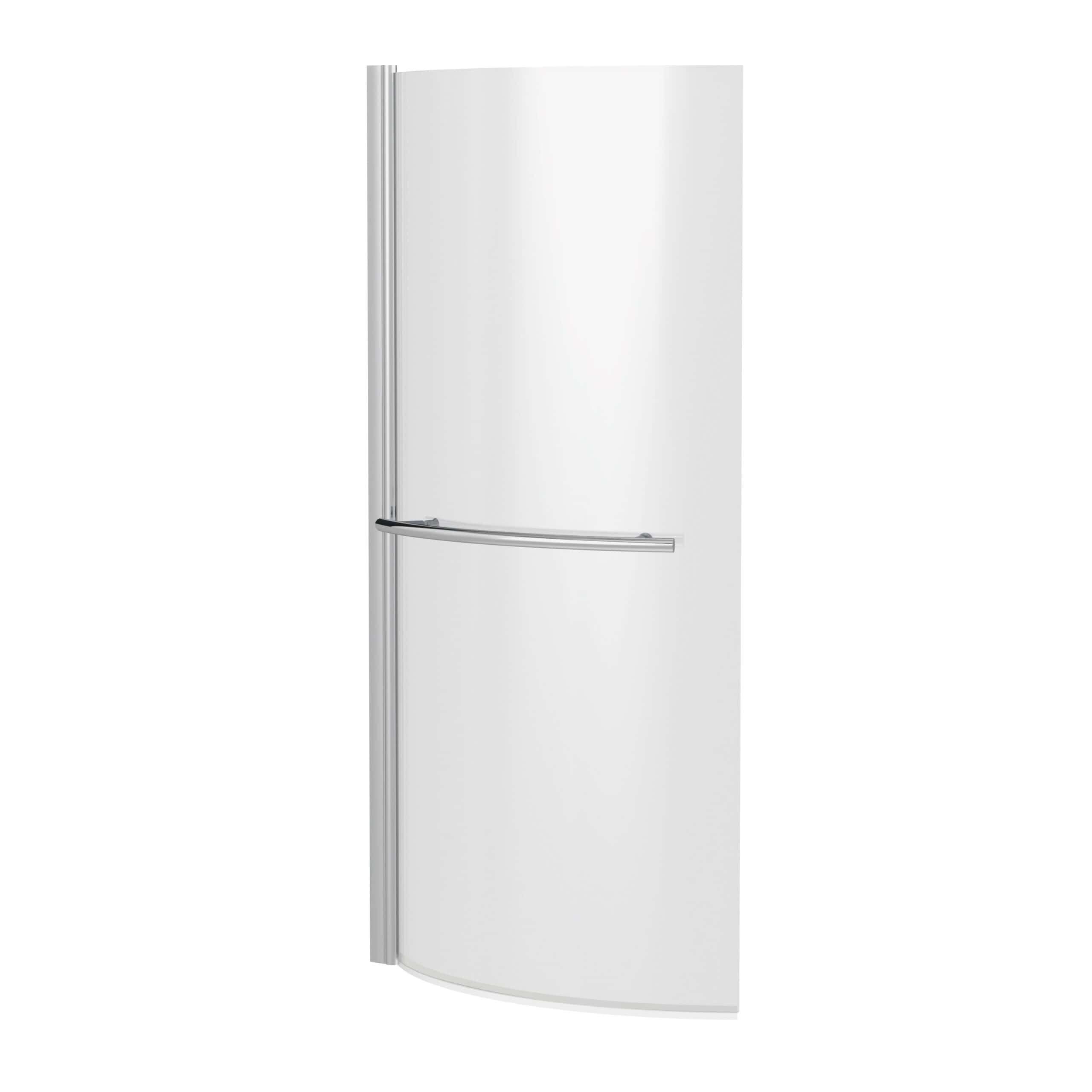 Sleek white curved shower enclosure with chrome handle for modern bathroom style. Durable, space-saving design ideal for contemporary bathroom renovations and shower upgrade projects.